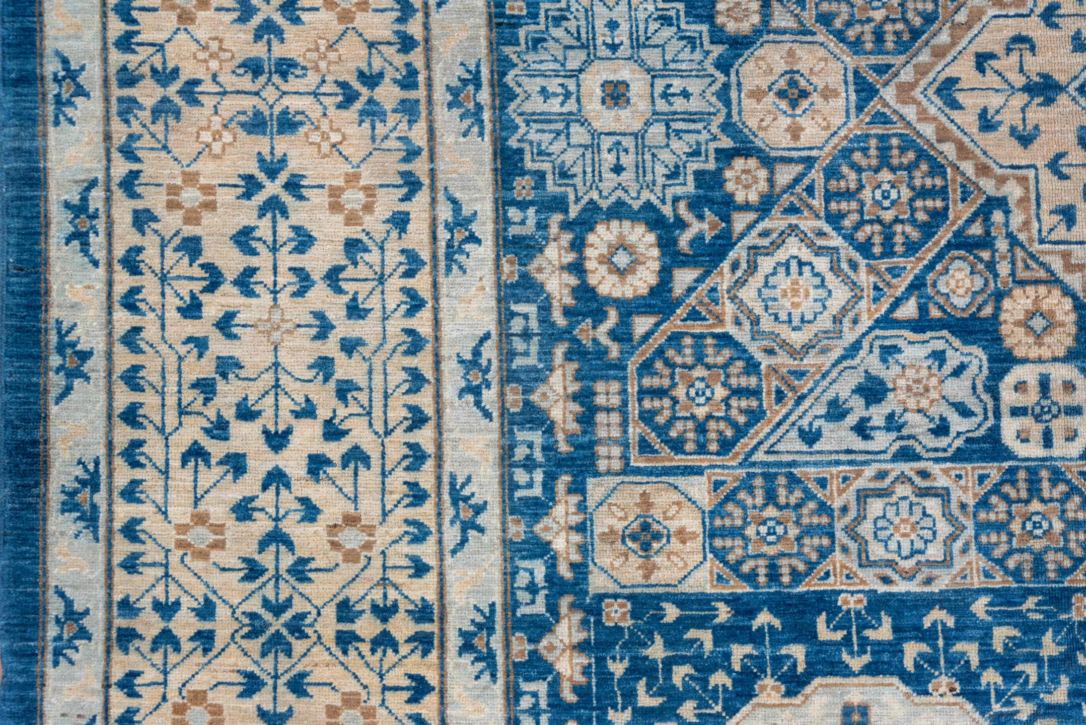 8' x 10' one-of-a-kind handmade vintage Afghan large size rug. Color palette: ivory, blue, camel, taupe, slate, beige, gray