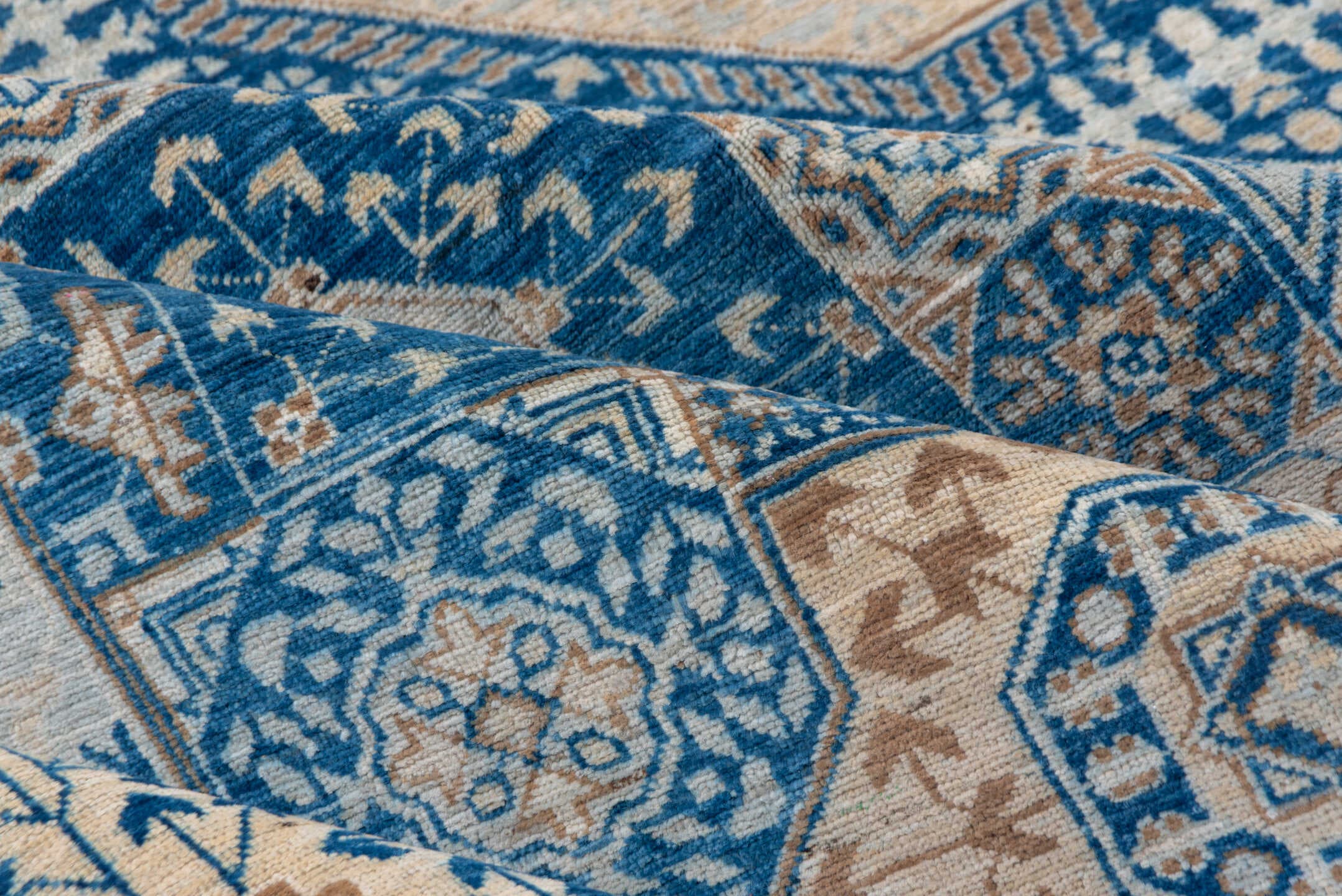 8' x 10' one-of-a-kind handmade vintage Afghan large size rug. Color palette: ivory, blue, camel, taupe, slate, beige, gray