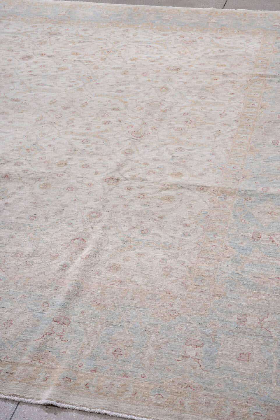 9' x 11' one-of-a-kind handmade vintage Afghan large size rug. Color palette: ivory, pale blue, beige, blush, taupe