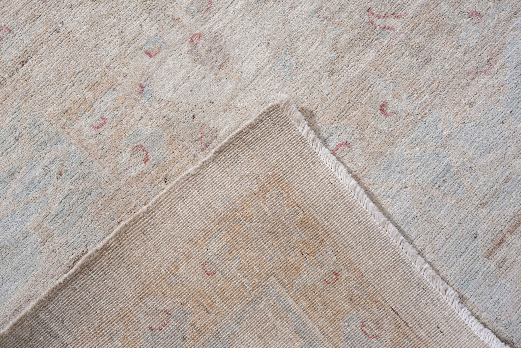 9' x 11' one-of-a-kind handmade vintage Afghan large size rug. Color palette: ivory, pale blue, beige, blush, taupe