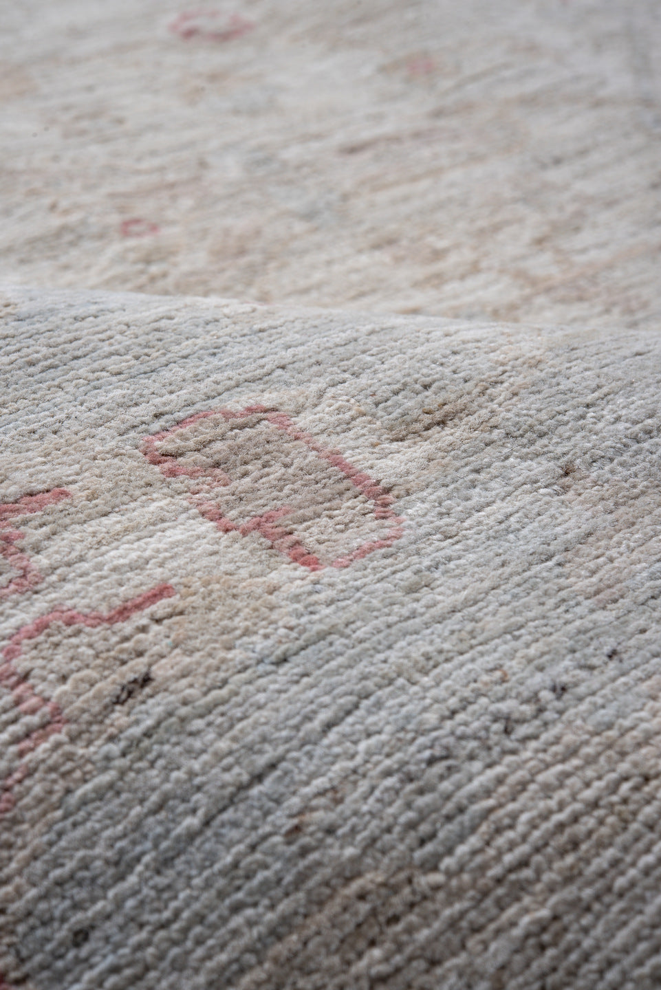 9' x 11' one-of-a-kind handmade vintage Afghan large size rug. Color palette: ivory, pale blue, beige, blush, taupe