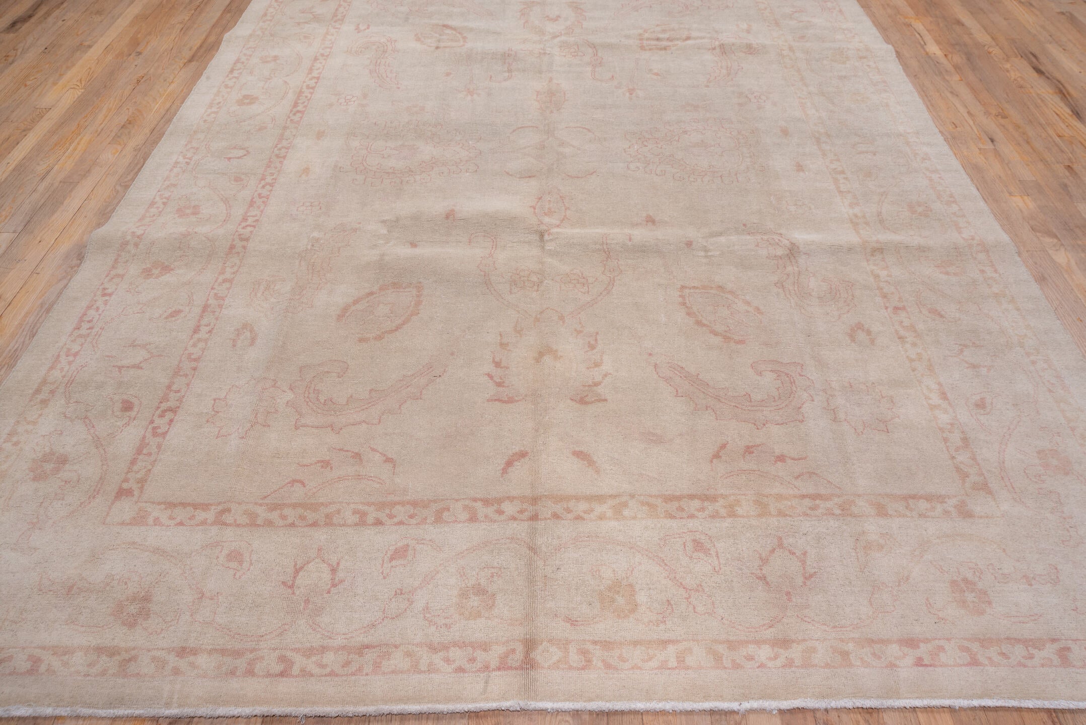 8' x 11' one-of-a-kind handmade vintage Afghan large size rug. Color palette: ivory, blush, cream, taupe, pale rose, pink