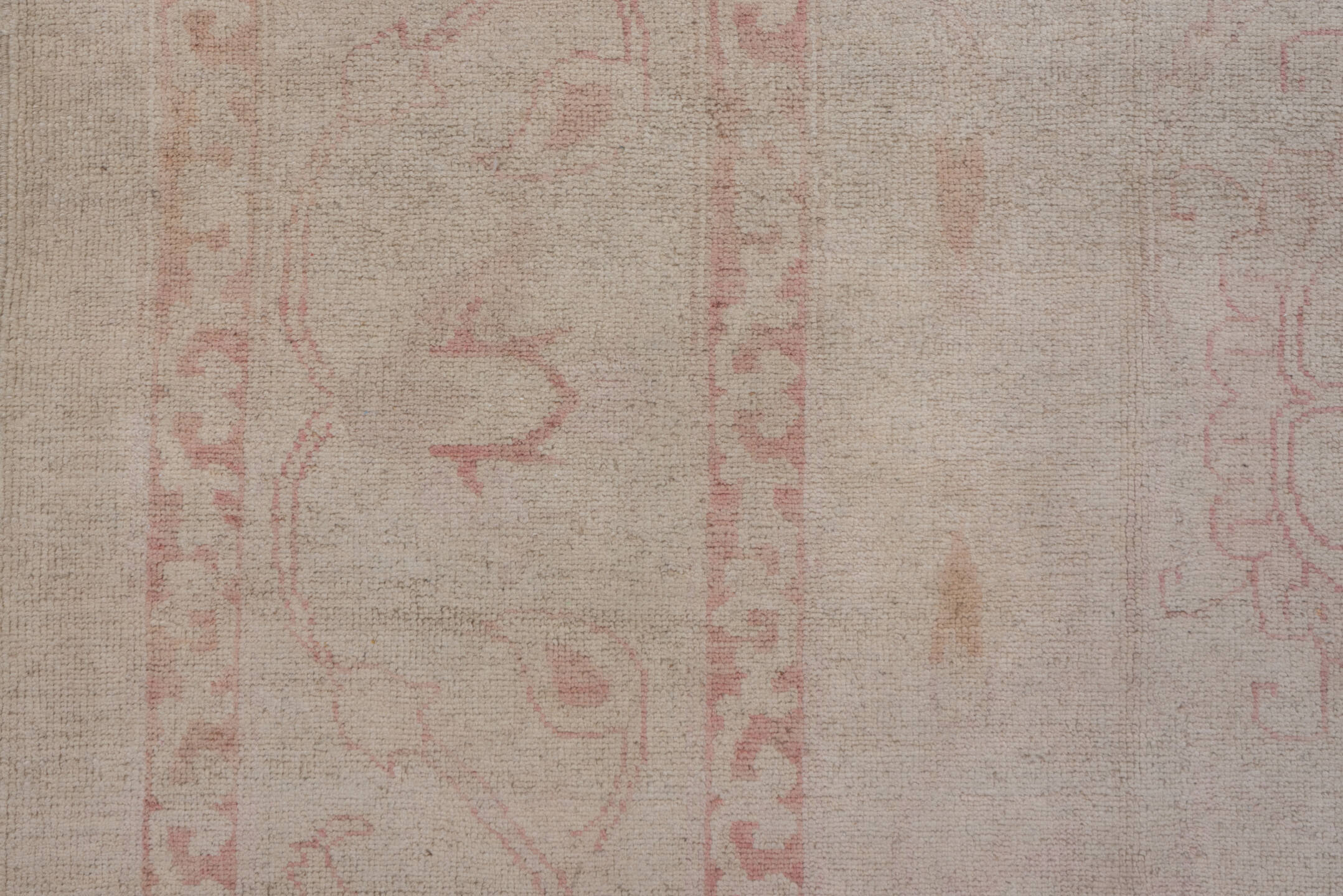 8' x 11' one-of-a-kind handmade vintage Afghan large size rug. Color palette: ivory, blush, cream, taupe, pale rose, pink