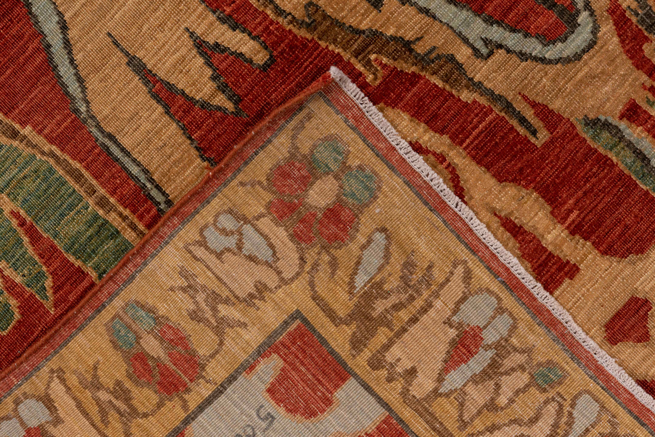 9' x 13' one-of-a-kind handmade vintage Afghan large size rug. Color palette: rust, camel, ivory, sage, terra cotta, taupe