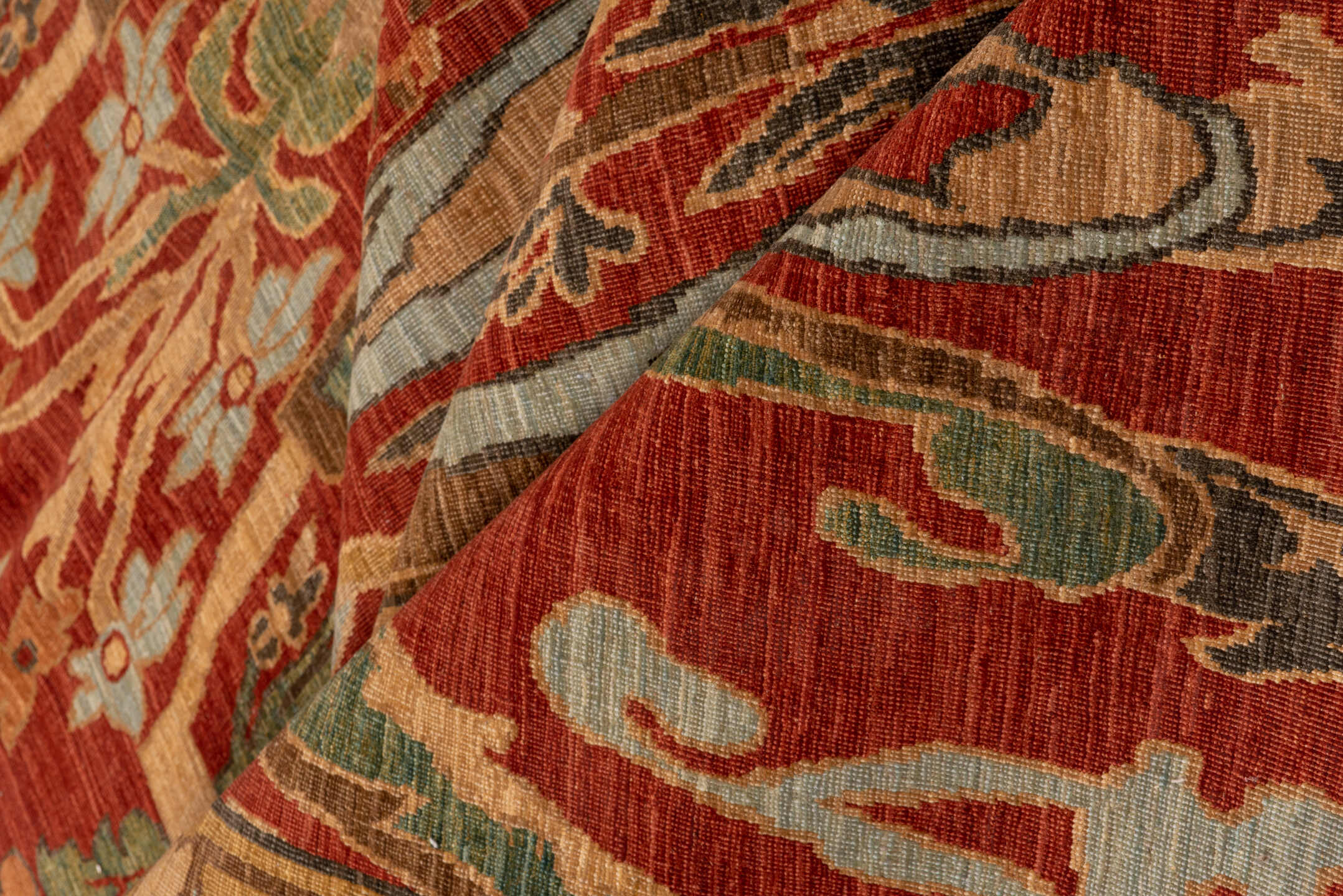 9' x 13' one-of-a-kind handmade vintage Afghan large size rug. Color palette: rust, camel, ivory, sage, terra cotta, taupe