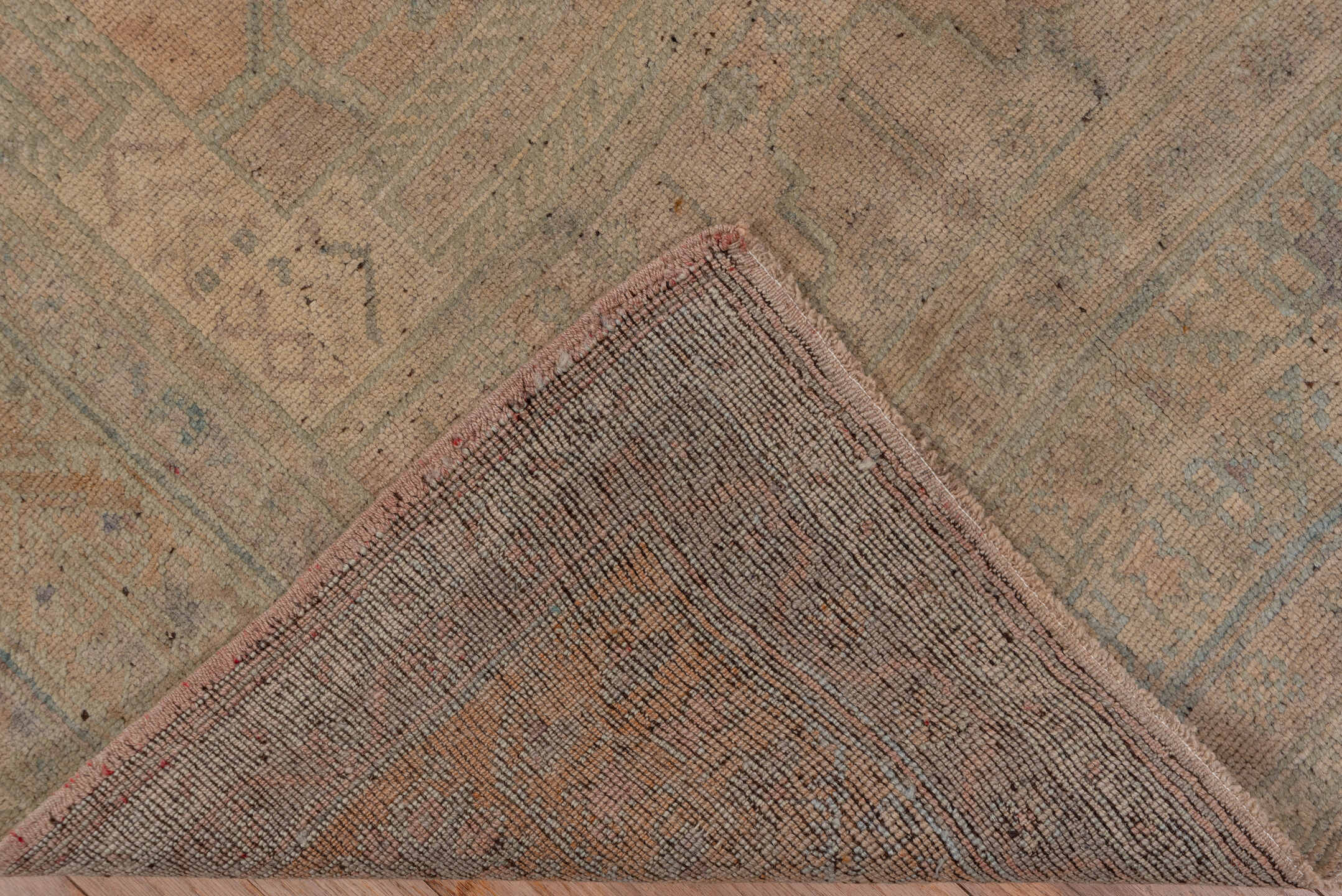 6' x 10' one-of-a-kind handmade vintage Oushak large size rug. Color palette: brown, gray, light gray, off-white, pink, snow