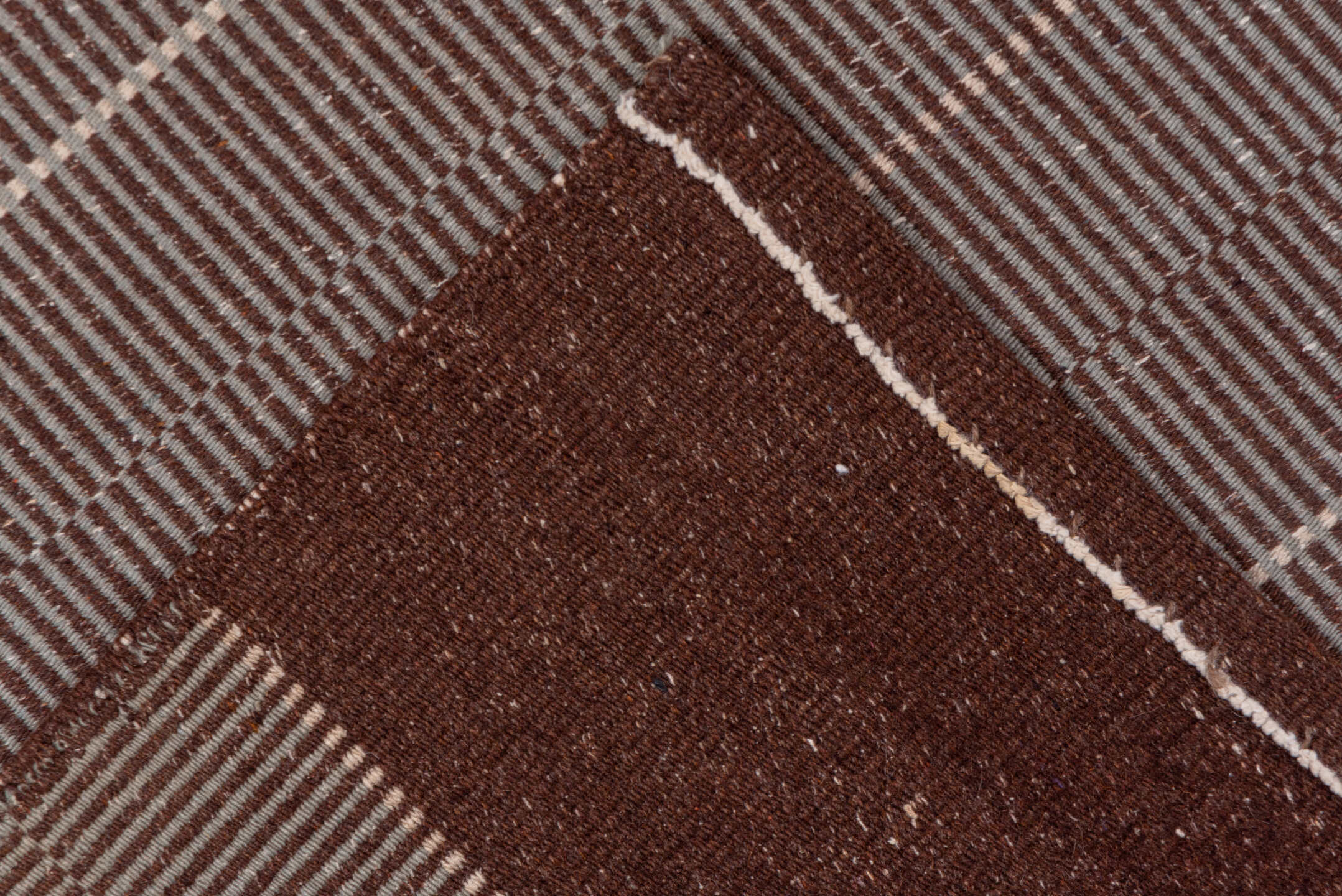 6' x 9' one-of-a-kind handmade vintage Flatweave medium size rug. Color palette: brown, taupe, ivory, mahogany, beige, gray