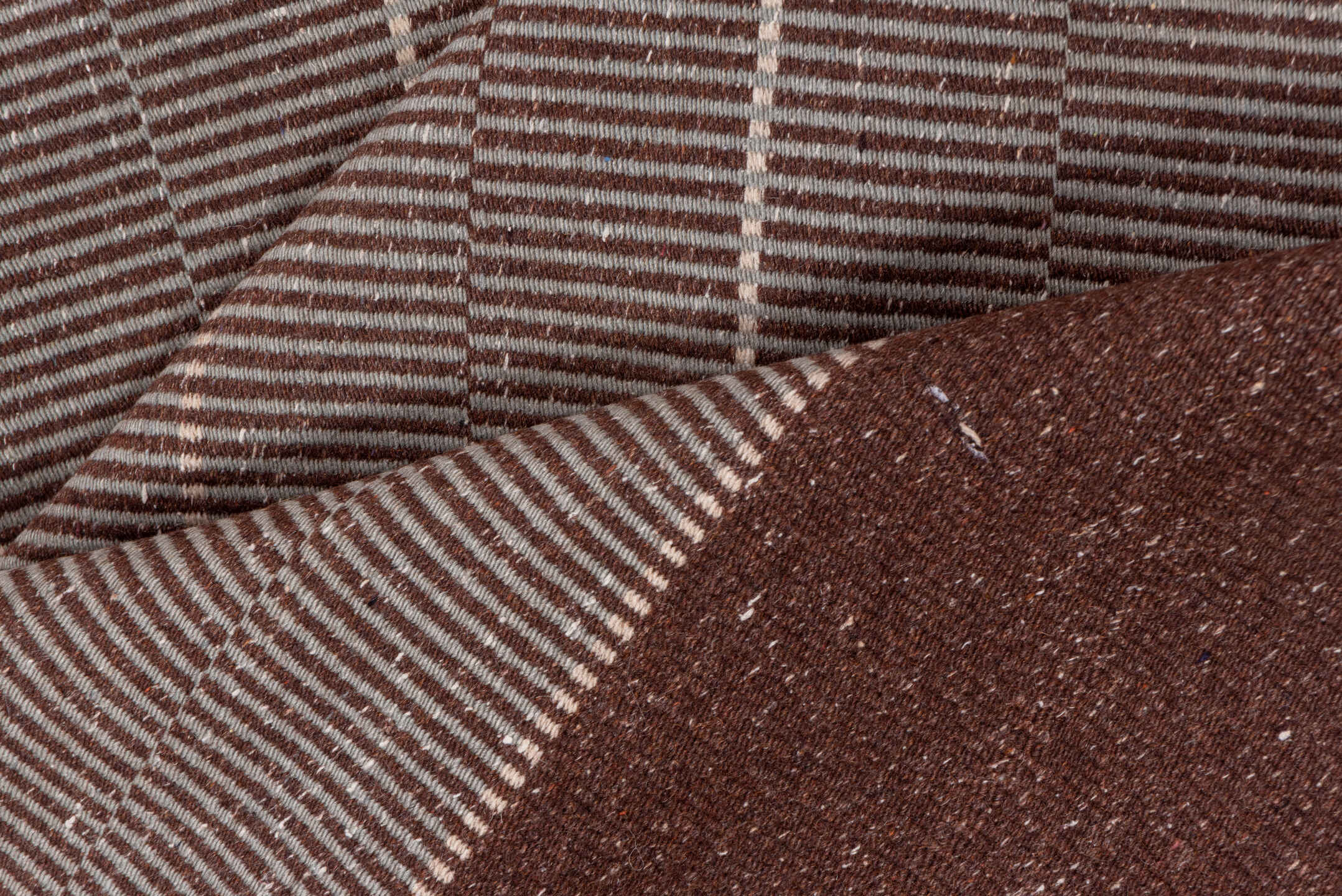 6' x 9' one-of-a-kind handmade vintage Flatweave medium size rug. Color palette: brown, taupe, ivory, mahogany, beige, gray