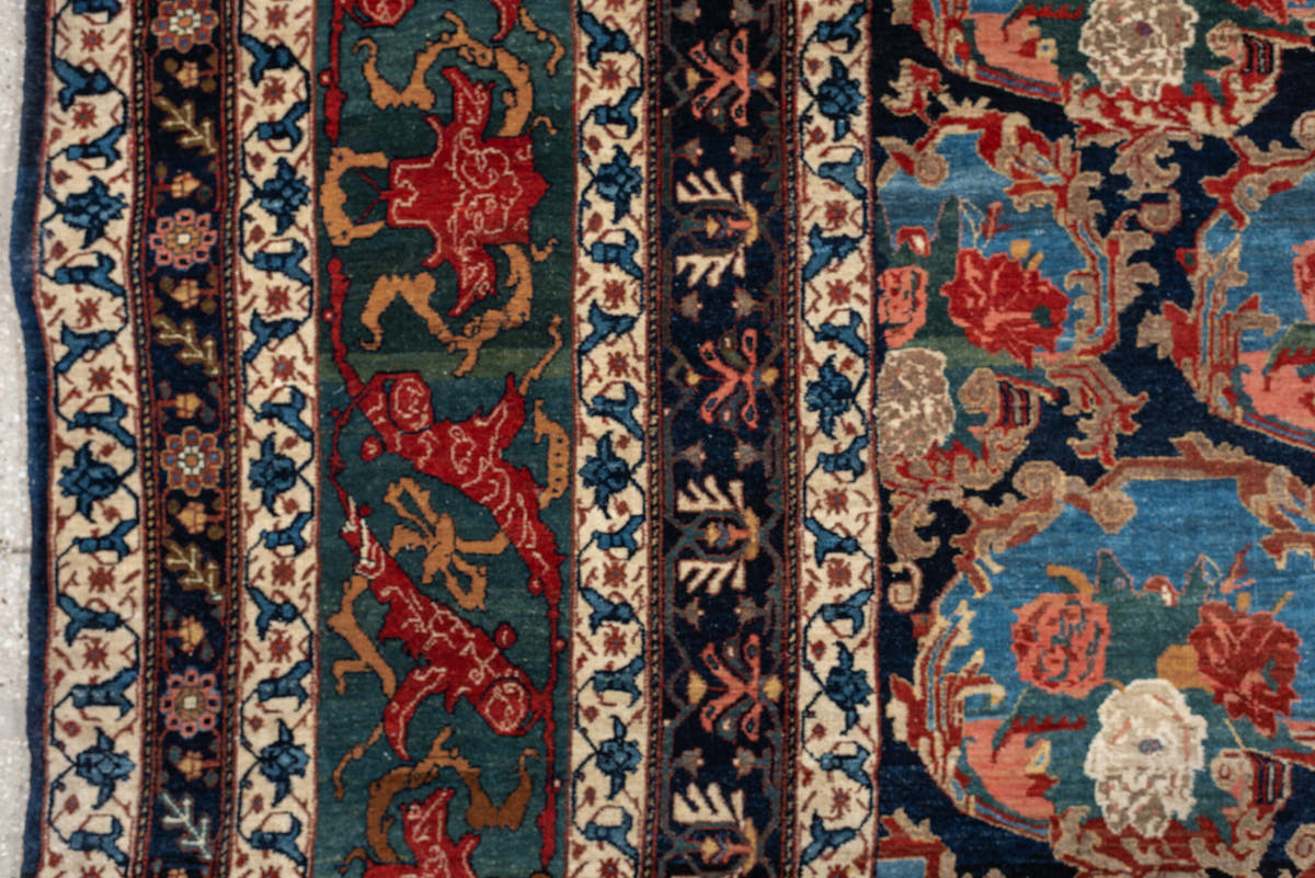 13' x 21' one-of-a-kind handmade vintage Bidjar oversize rug. Color palette: navy, sky blue, rust, ivory, sage, camel, blue