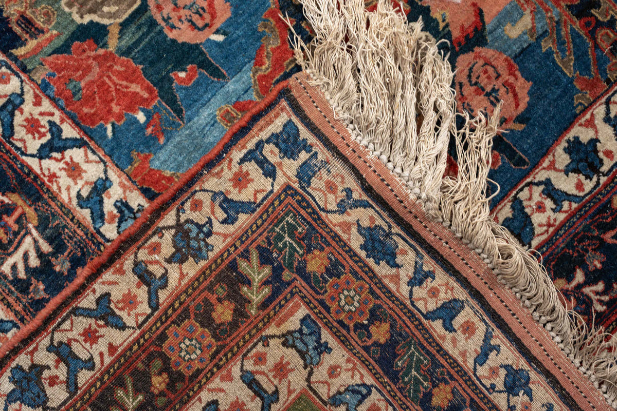 13' x 21' one-of-a-kind handmade vintage Bidjar oversize rug. Color palette: navy, sky blue, rust, ivory, sage, camel, blue