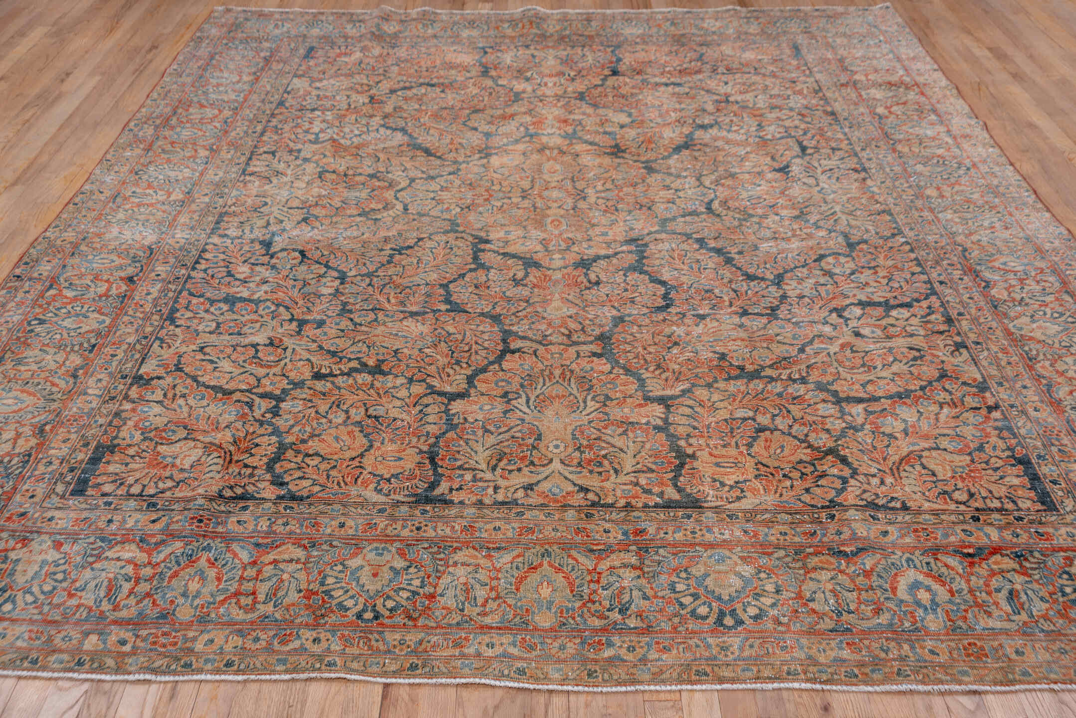 8' x 11' one-of-a-kind handmade vintage Sarouk large size rug. Color palette: black, blue, brown, charcoal, gray, light gray