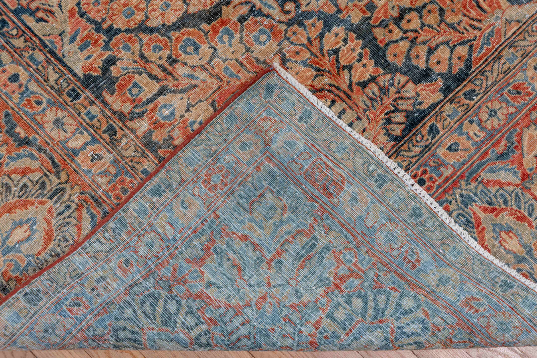 8' x 11' one-of-a-kind handmade vintage Sarouk large size rug. Color palette: black, blue, brown, charcoal, gray, light gray