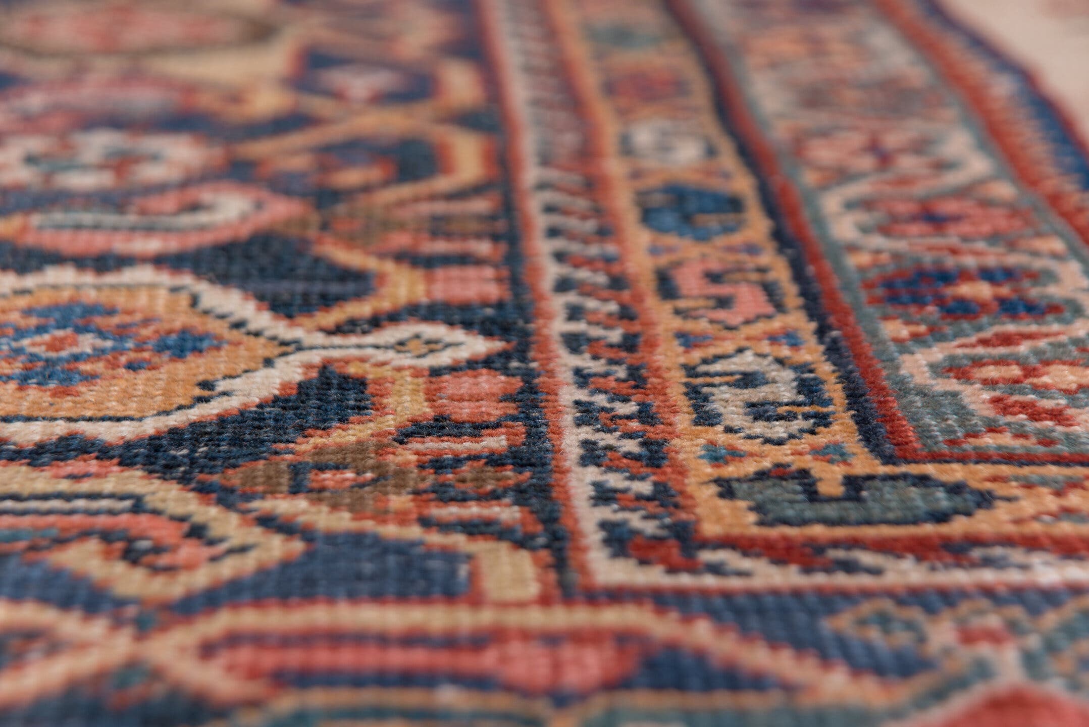 10' x 13' one-of-a-kind handmade antique Sultanabad large size rug. Color palette: ivory, navy, rust, soft blue, camel