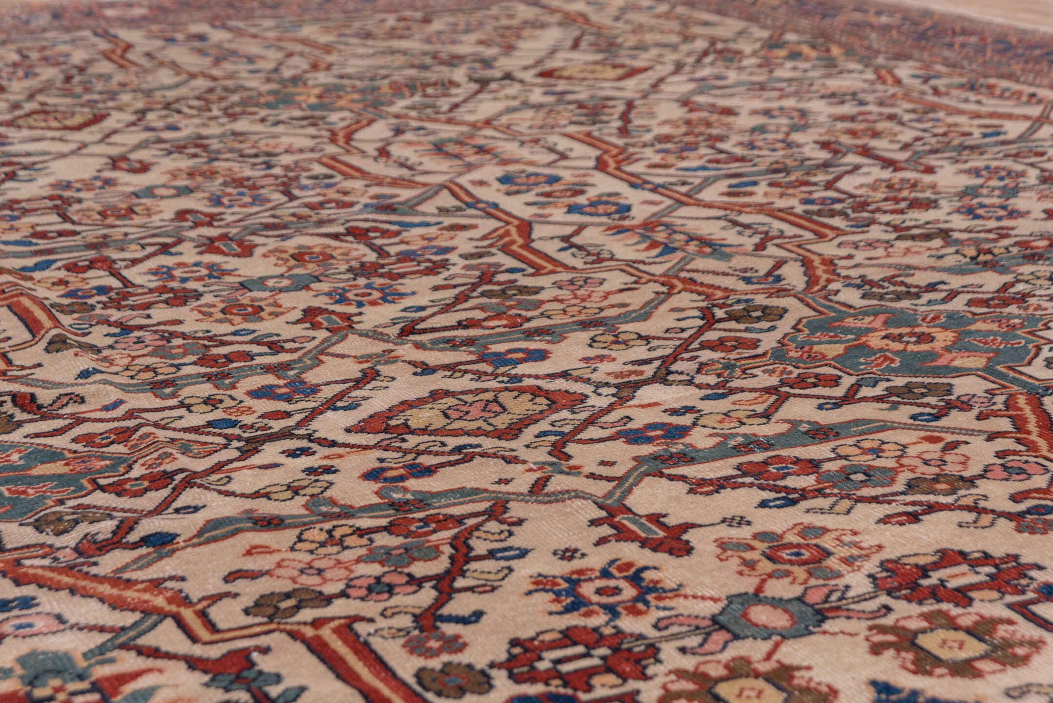 10' x 13' one-of-a-kind handmade antique Sultanabad large size rug. Color palette: ivory, navy, rust, soft blue, camel