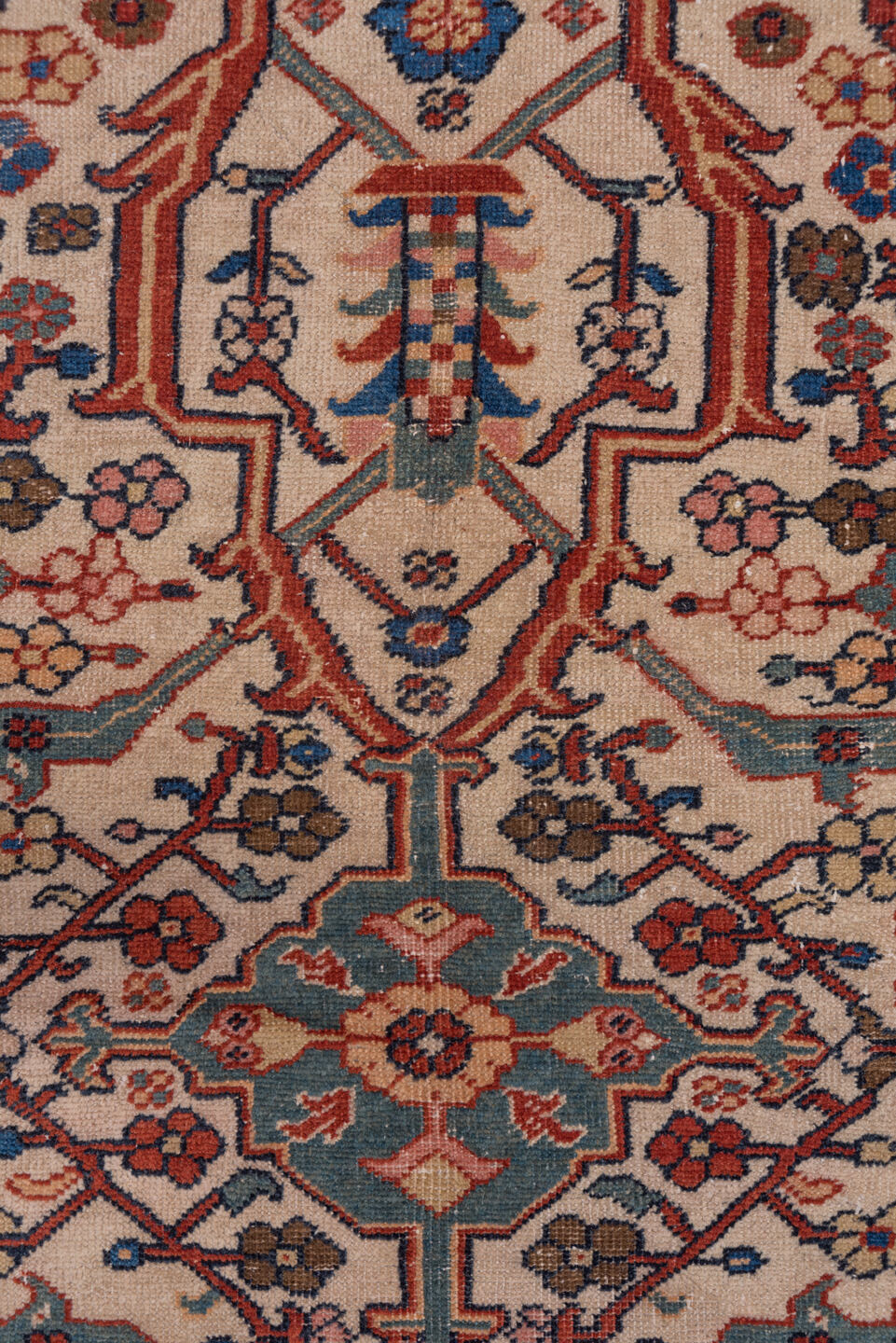 10' x 13' one-of-a-kind handmade antique Sultanabad large size rug. Color palette: ivory, navy, rust, soft blue, camel