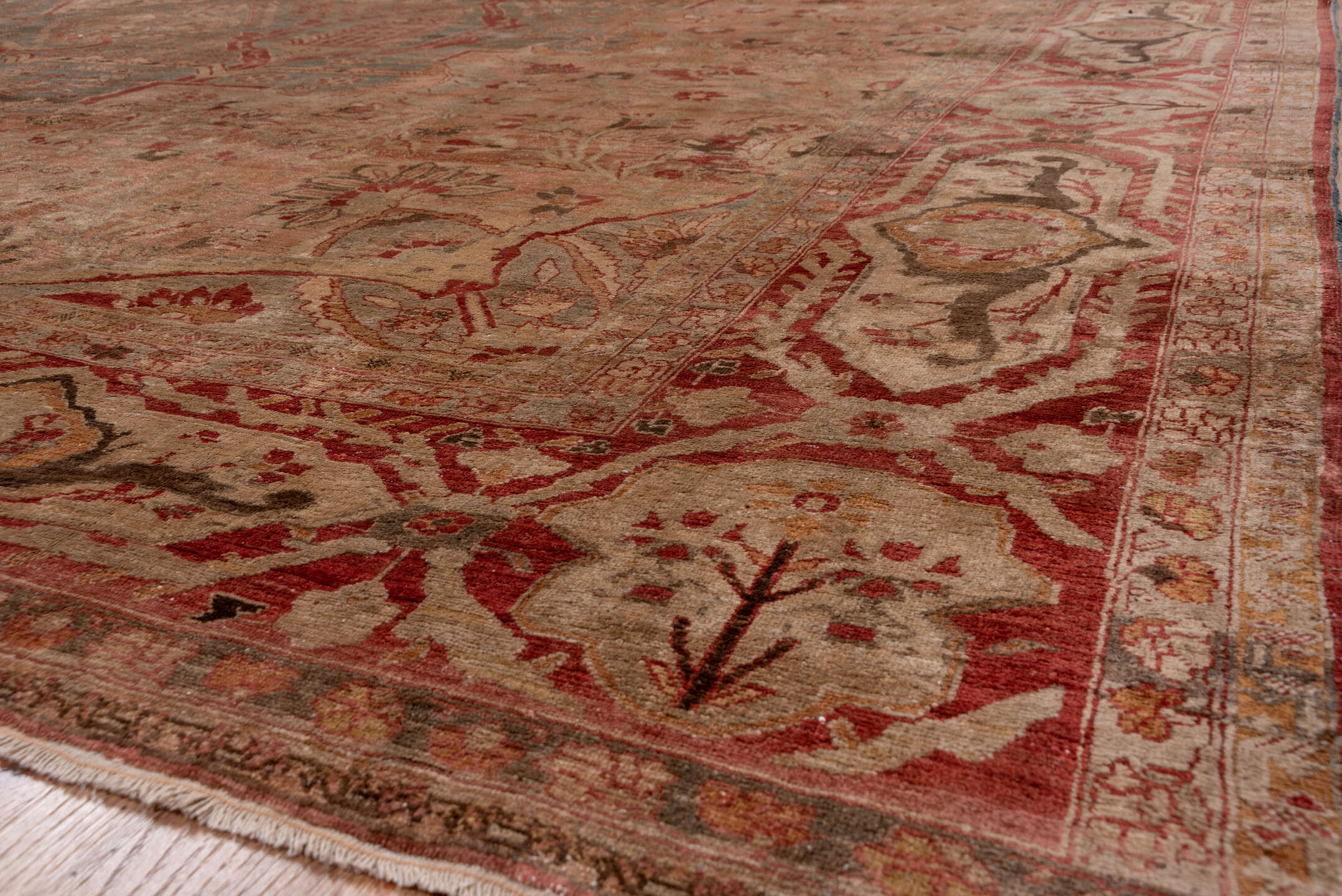 16' x 21' one-of-a-kind handmade vintage Baktiary oversize rug. Color palette: rose, rust, ivory, blue, terra cotta, taupe