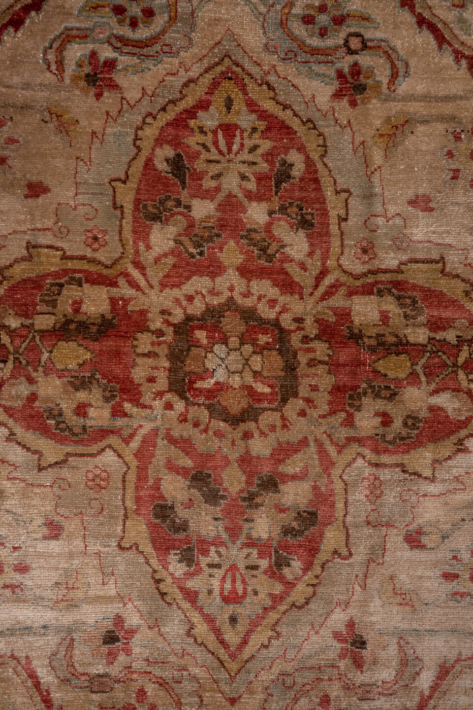 16' x 21' one-of-a-kind handmade vintage Baktiary oversize rug. Color palette: rose, rust, ivory, blue, terra cotta, taupe