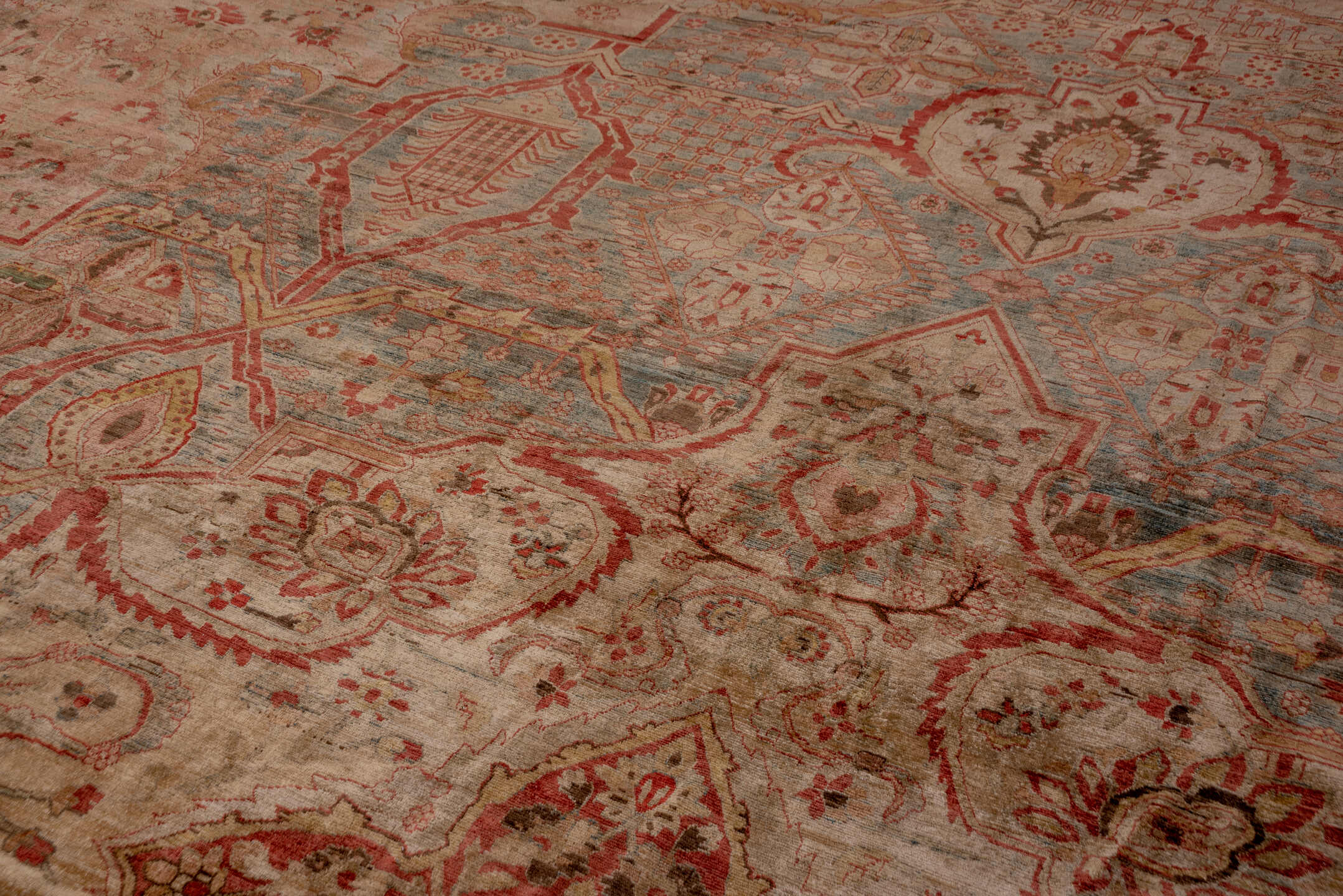16' x 21' one-of-a-kind handmade vintage Baktiary oversize rug. Color palette: rose, rust, ivory, blue, terra cotta, taupe