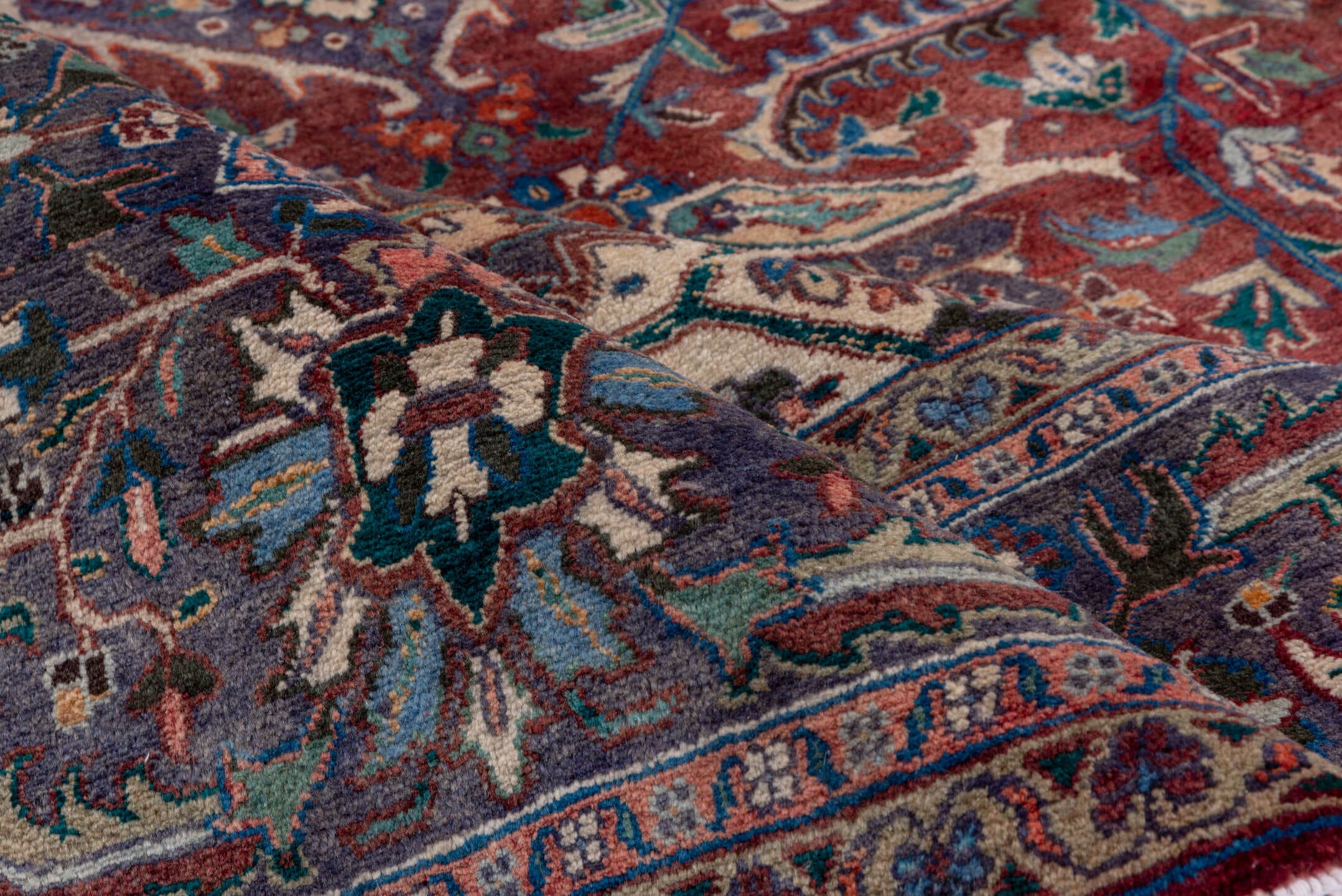 9' x 13' one-of-a-kind handmade vintage Heriz large size rug. Color palette: taupe, beige, ivory, sage, brown, camel, slate