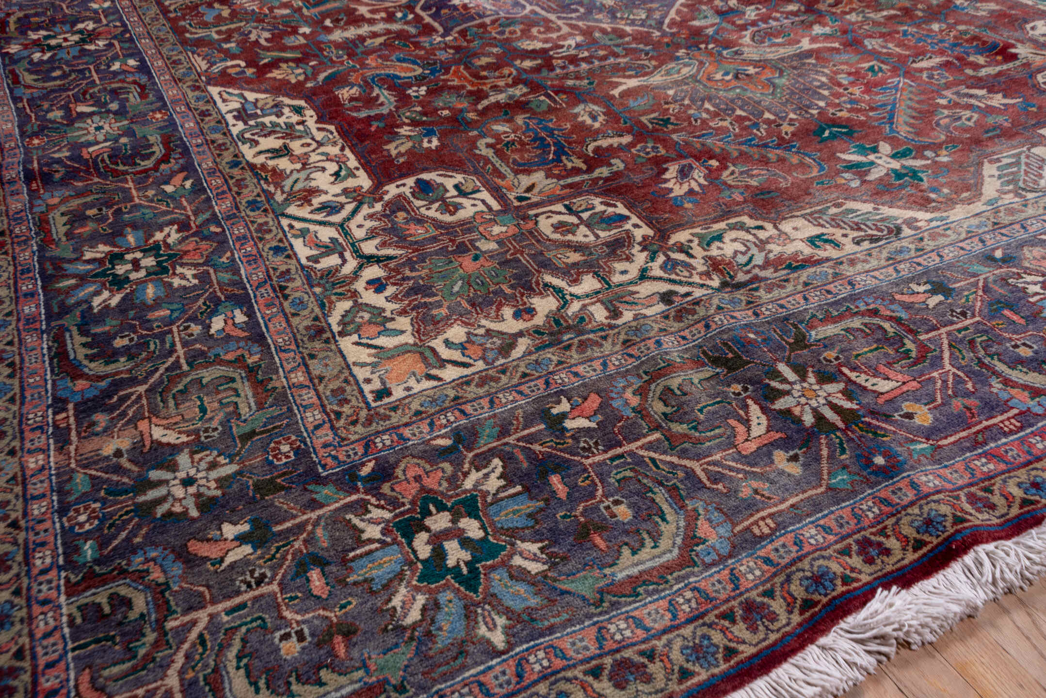 9' x 13' one-of-a-kind handmade vintage Heriz large size rug. Color palette: taupe, beige, ivory, sage, brown, camel, slate