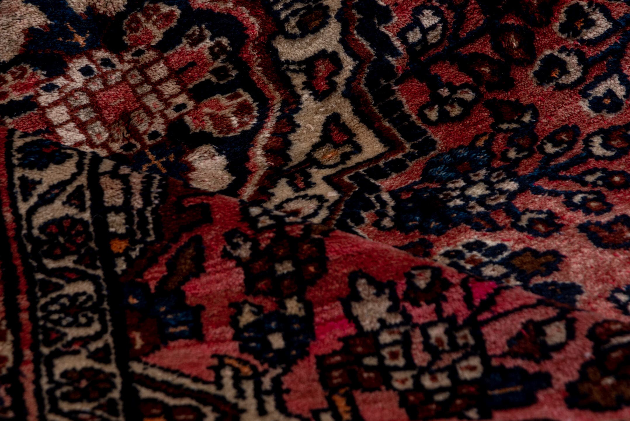4' x 6' one-of-a-kind handmade vintage Lilian small size rug. Color palette: rose, navy, ivory, dusty blue, burgundy, taupe