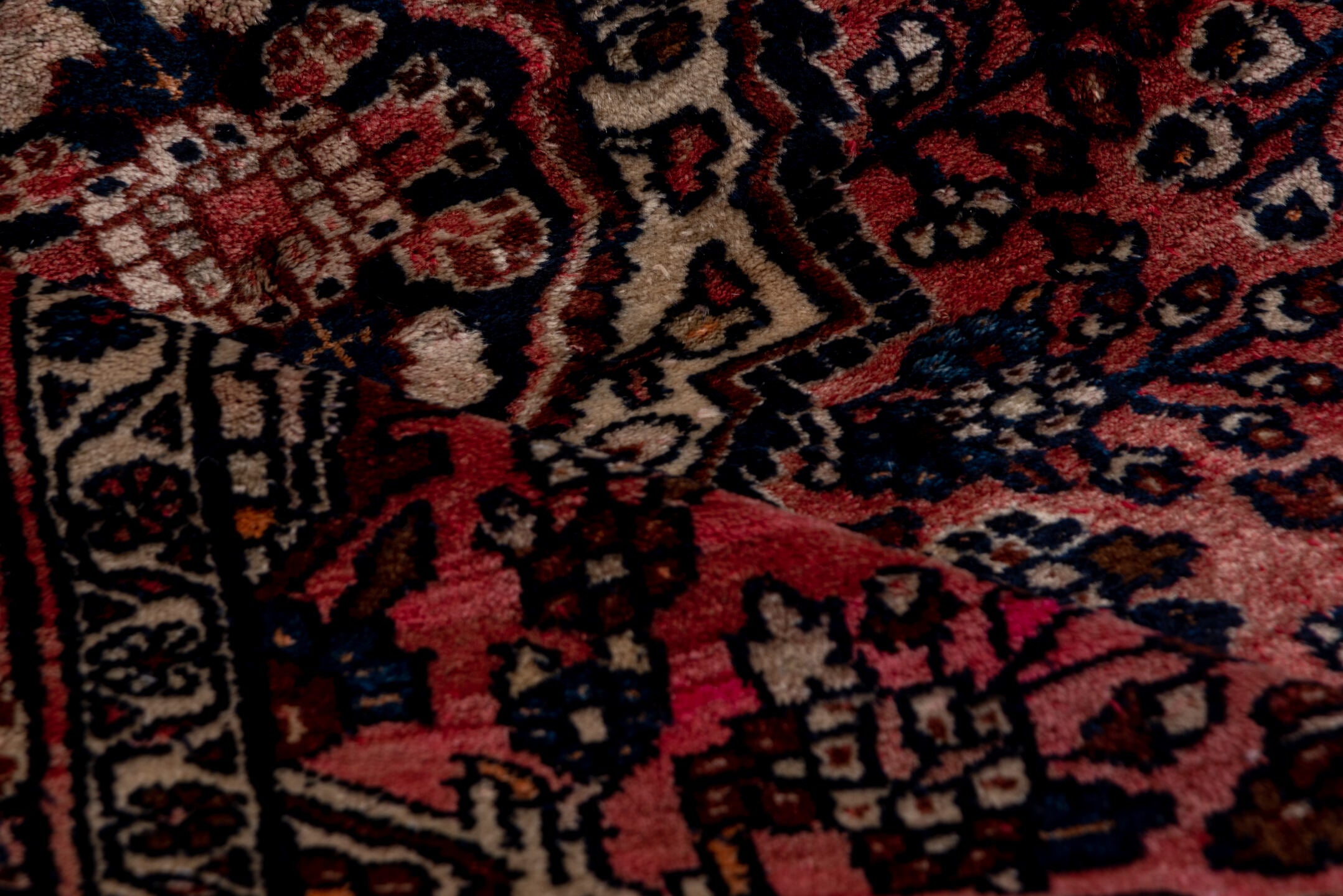 4' x 6' one-of-a-kind handmade vintage Lilian small size rug. Color palette: rose, navy, ivory, dusty blue, burgundy, taupe