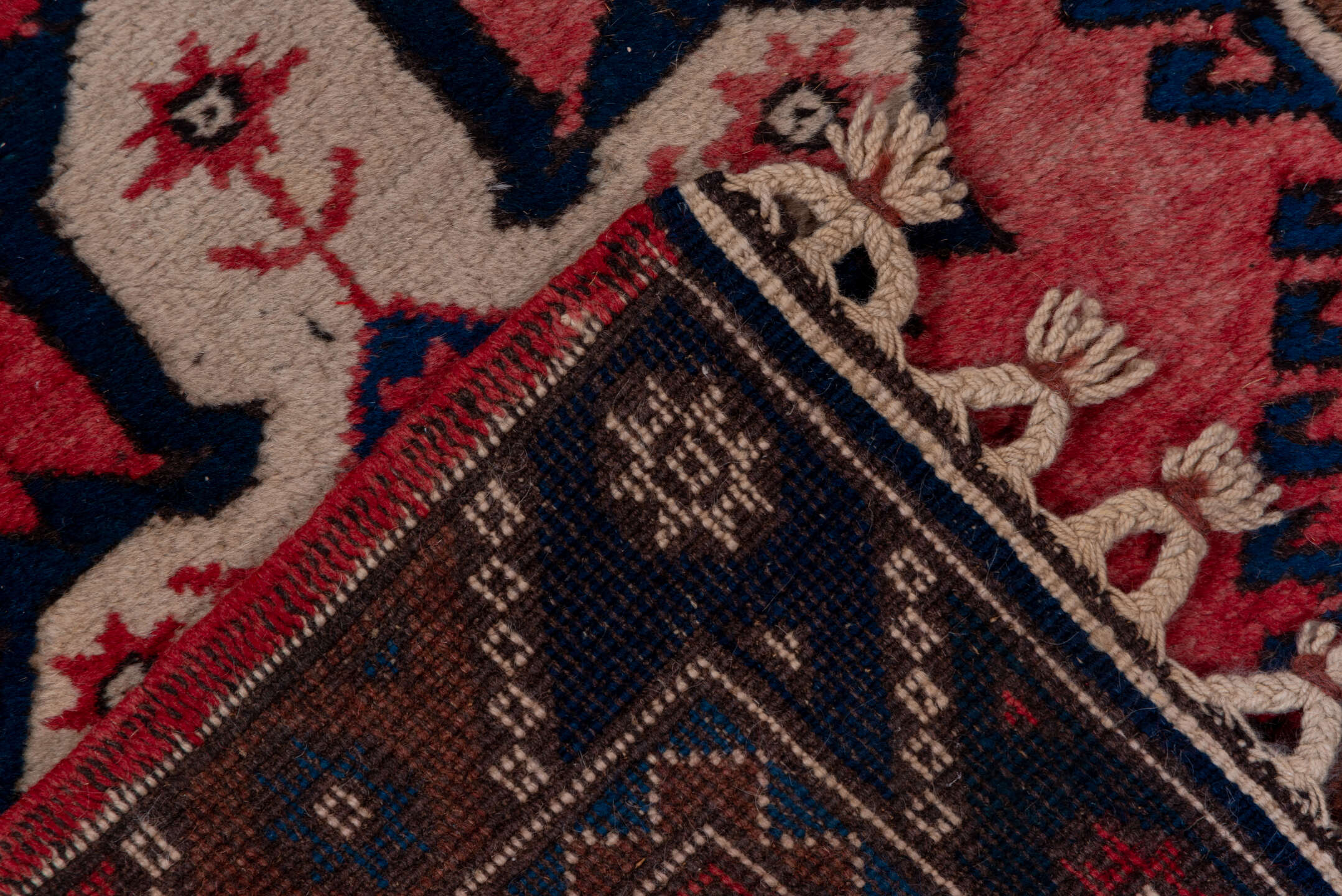 2' x 9' one-of-a-kind handmade vintage Oushak runner rug. Color palette: red, brown, gray, blue, pink, wine, redwood