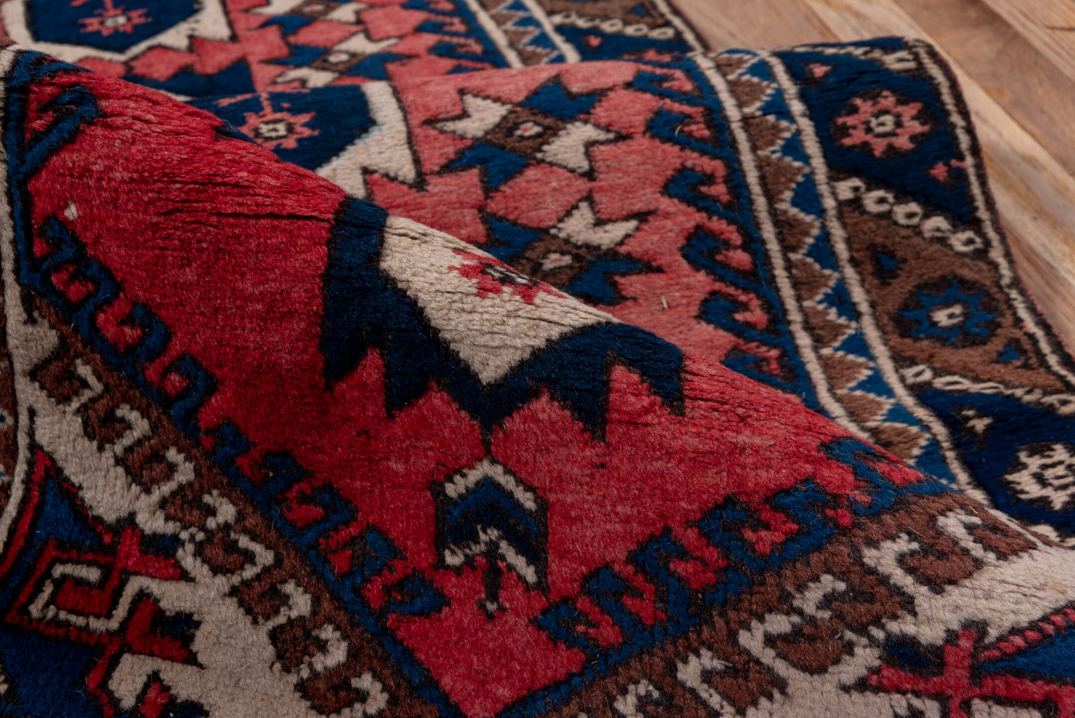 2' x 9' one-of-a-kind handmade vintage Oushak runner rug. Color palette: blue, brown, gray, pink, red, redwood, wine