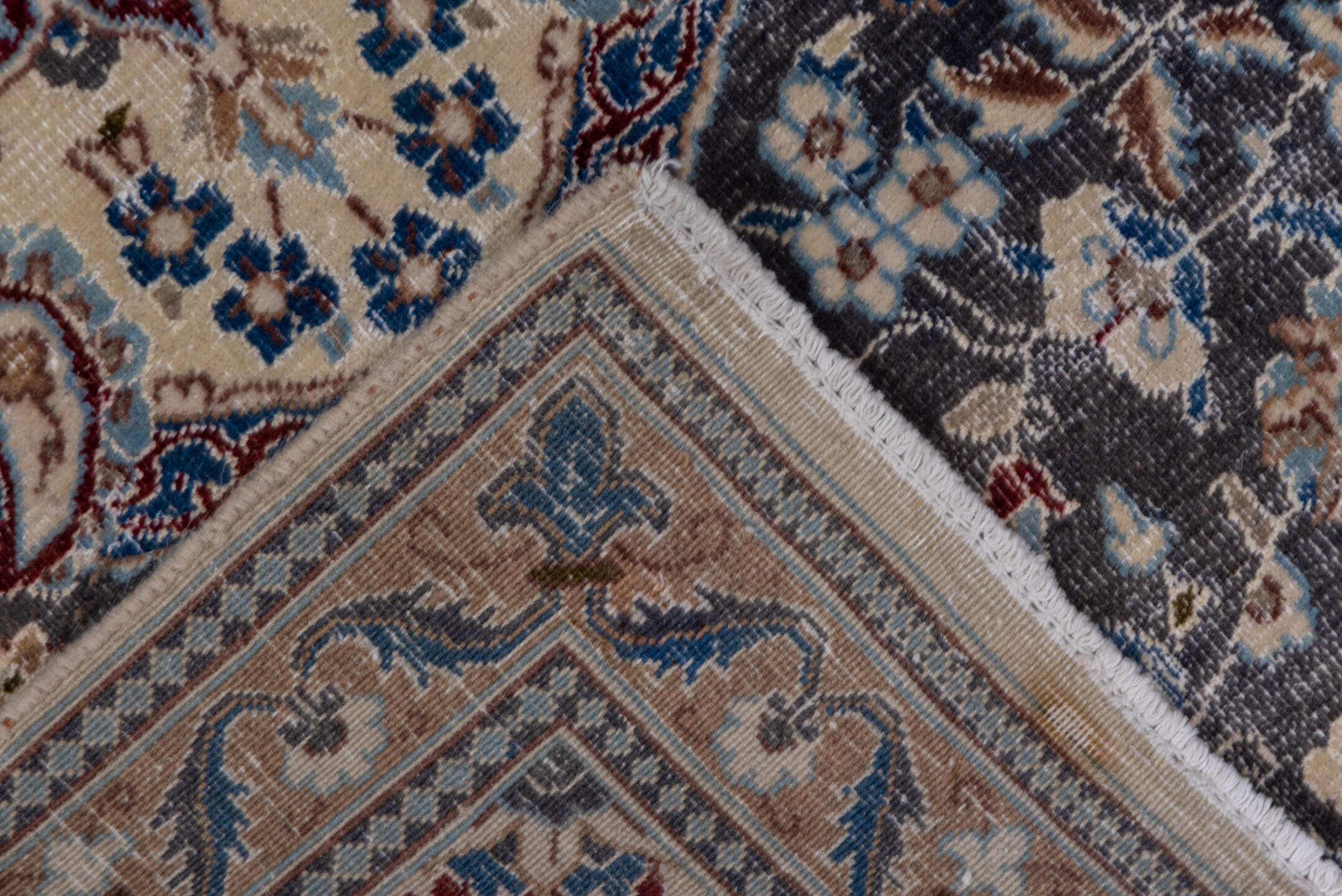 3' x 12' one-of-a-kind handmade vintage Naiin runner rug. Color palette: taupe, ivory, blue, camel, slate, navy, rust, beige