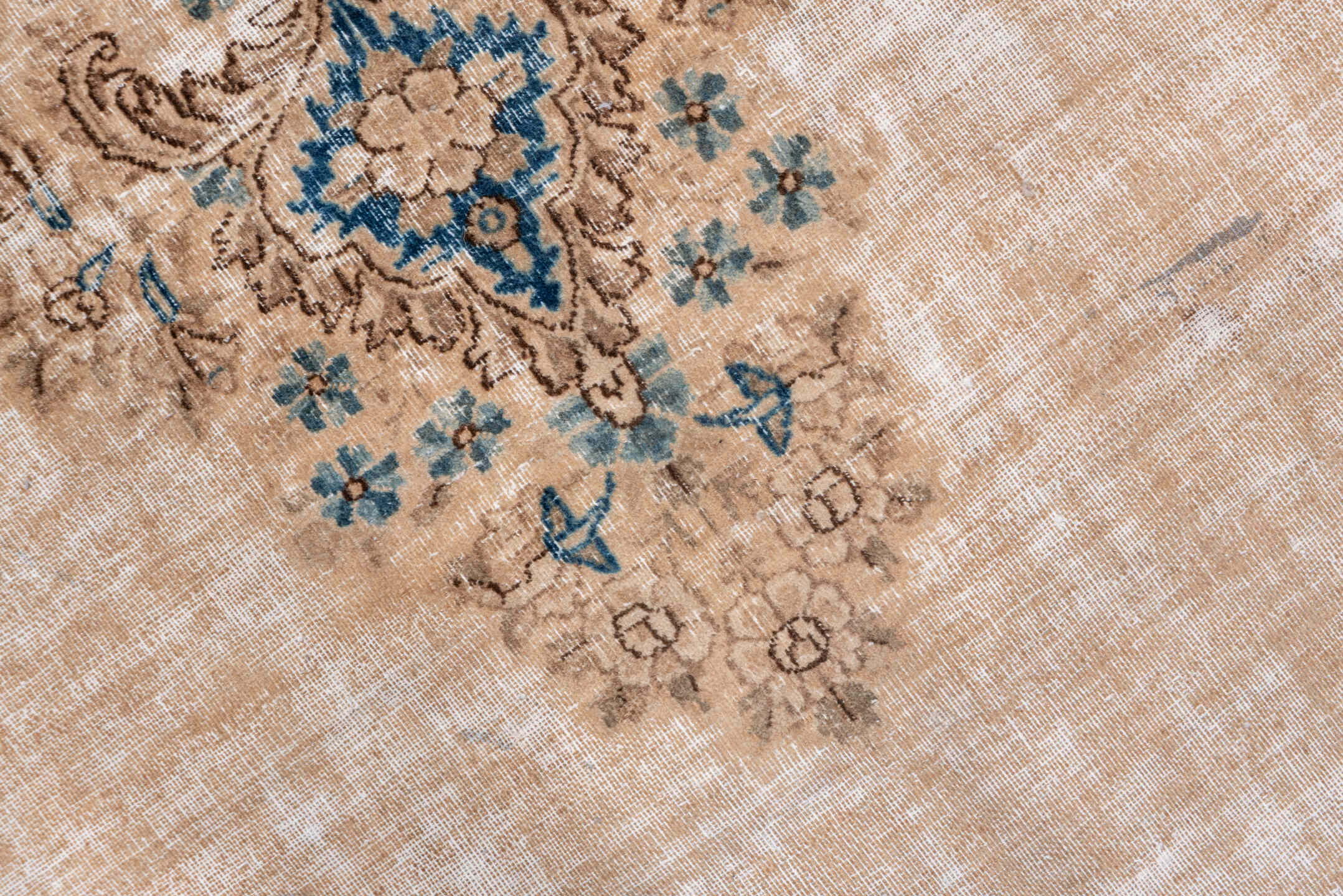9' x 15' one-of-a-kind handmade vintage Kerman rug. Color palette: ivory, beige, cobalt, camel, taupe, light blue, sand