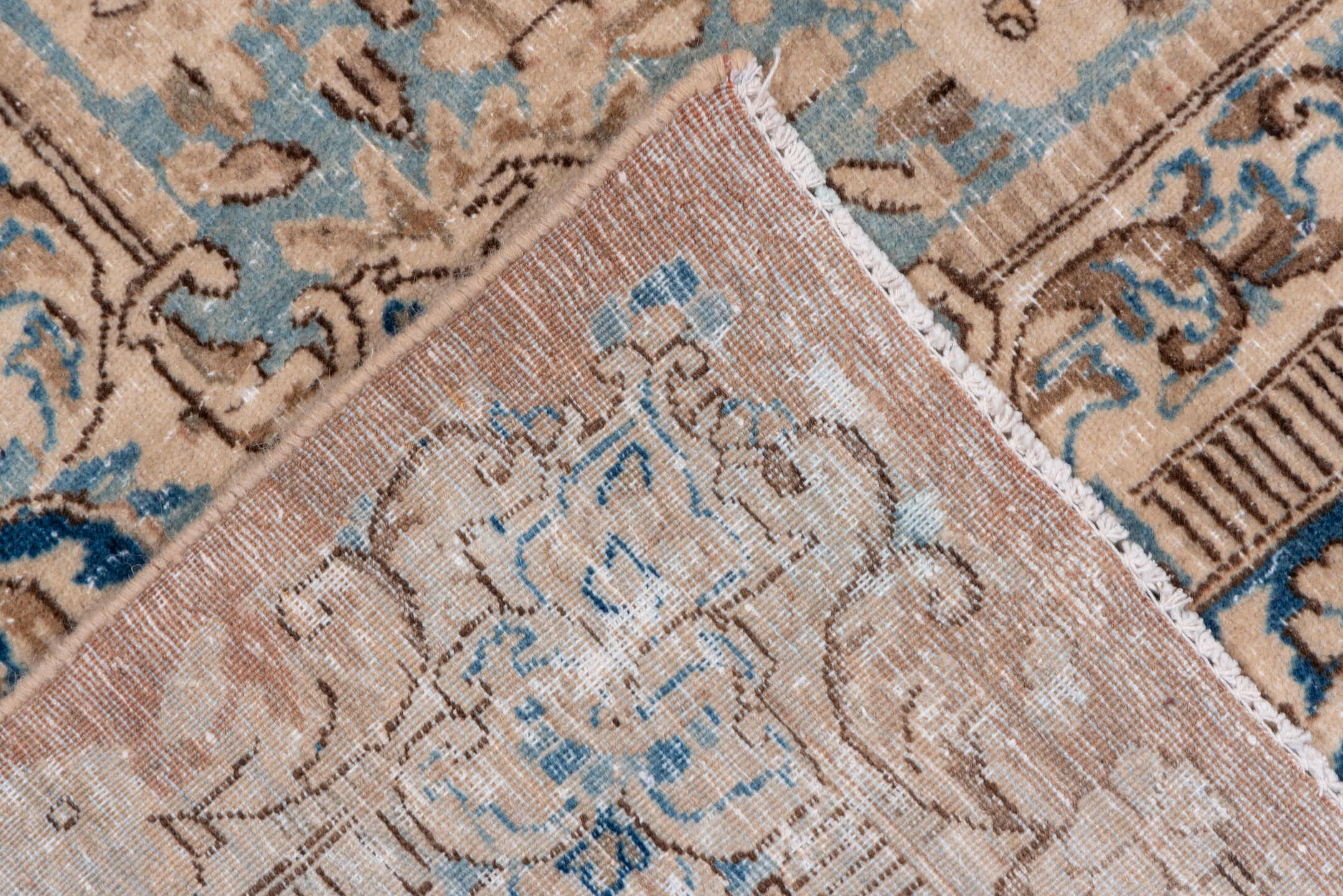 9' x 15' one-of-a-kind handmade vintage Kerman rug. Color palette: ivory, beige, cobalt, camel, taupe, light blue, sand