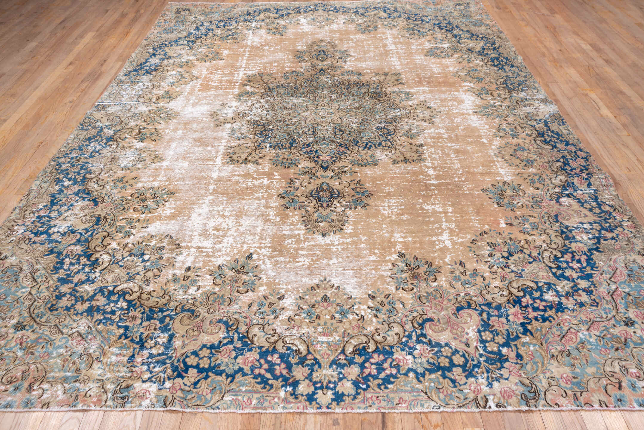 8' x 12' one-of-a-kind handmade vintage Kerman large size rug. Color palette: beige, cobalt, ivory, taupe, sky blue, blush