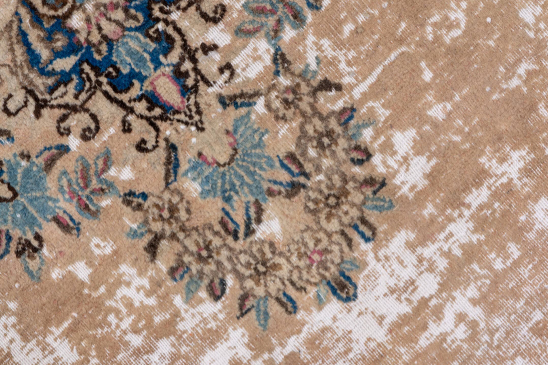 8' x 12' one-of-a-kind handmade vintage Kerman large size rug. Color palette: beige, cobalt, ivory, taupe, sky blue, blush