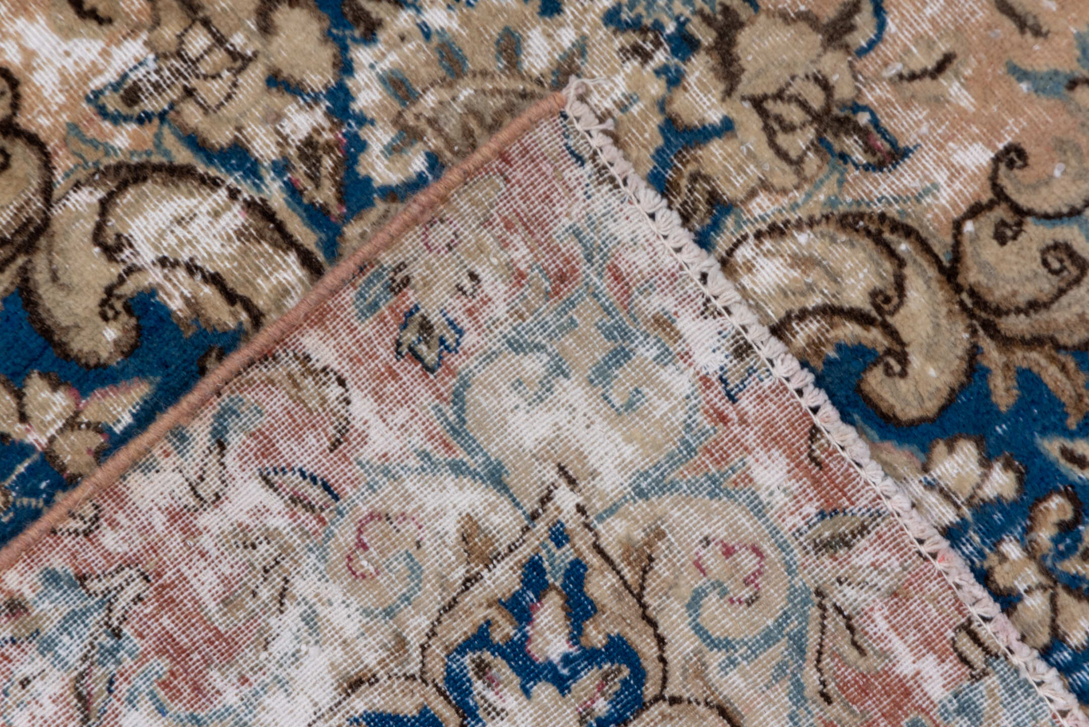 8' x 12' one-of-a-kind handmade vintage Kerman large size rug. Color palette: beige, cobalt, ivory, taupe, sky blue, blush