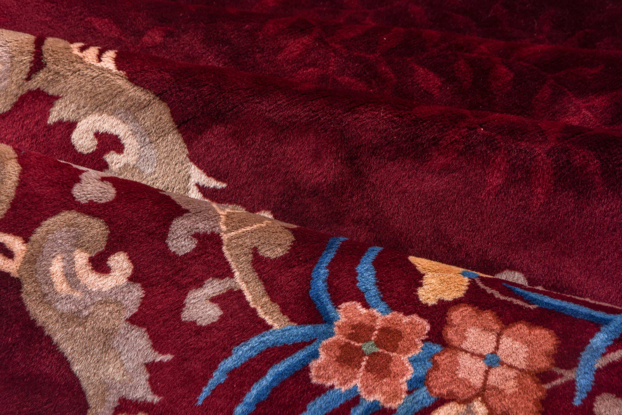 10' x 17' one-of-a-kind handmade antique Chinese rug. Color palette: burgundy, gold, ivory, blue, rose, taupe, pink, red