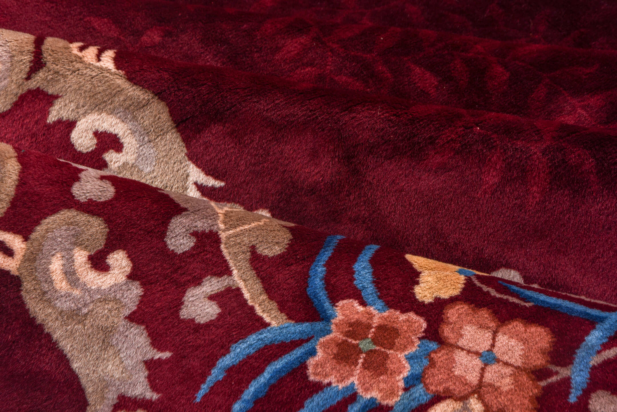 10' x 17' one-of-a-kind handmade antique Chinese rug. Color palette: burgundy, gold, ivory, blue, rose, taupe, pink, red