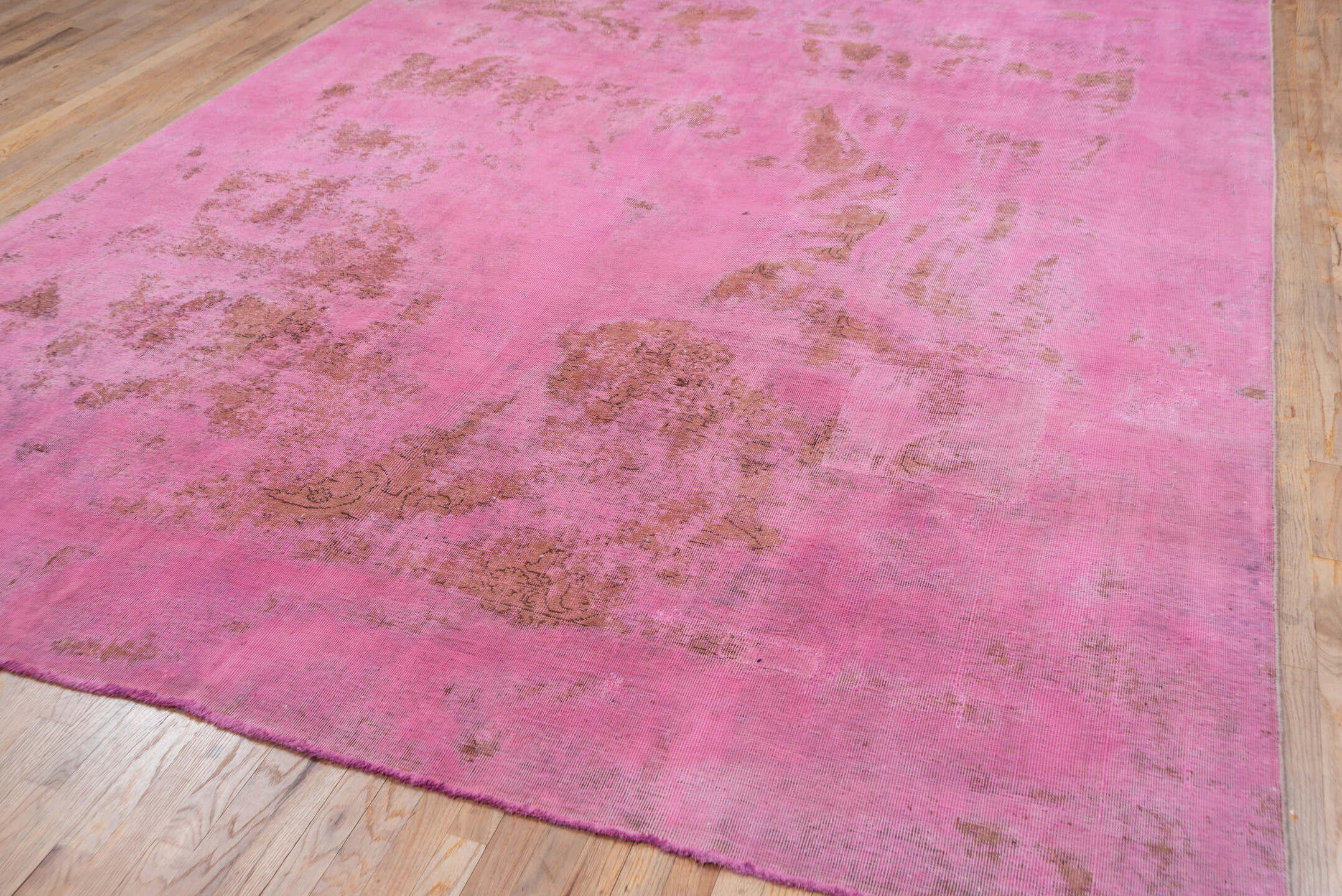 9' x 12' one-of-a-kind handmade vintage Overdyed large size rug. Color palette: brown, pale violet red, pink, red
