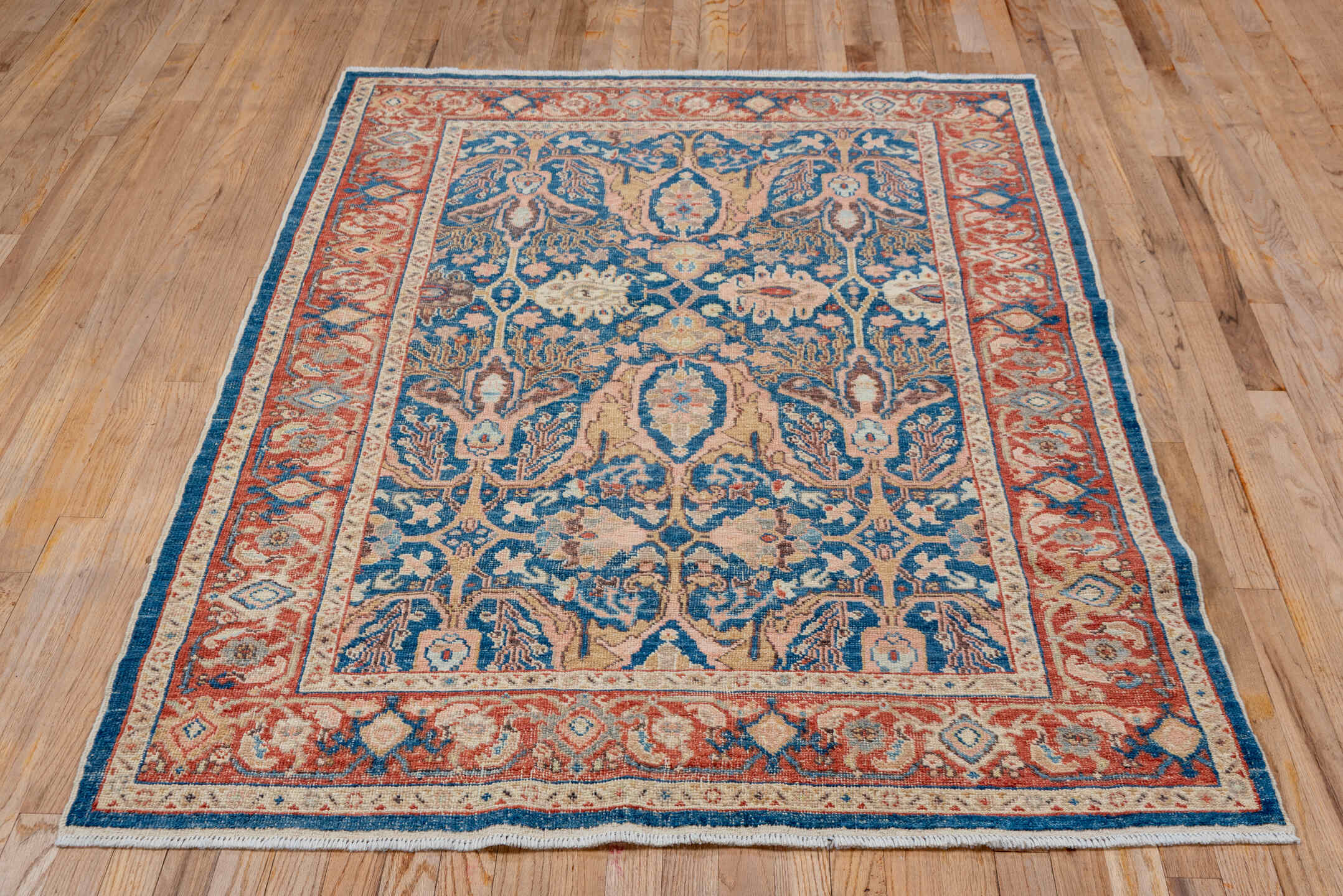 4' x 6' one-of-a-kind handmade vintage Afghan small size rug. Color palette: blue, brown, fiord, gray, light gray