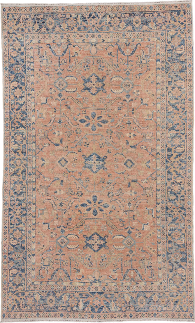 6' x 10' one-of-a-kind handmade vintage Afghan large size rug. Color palette: peach, blue, ivory, taupe, slate, terracotta