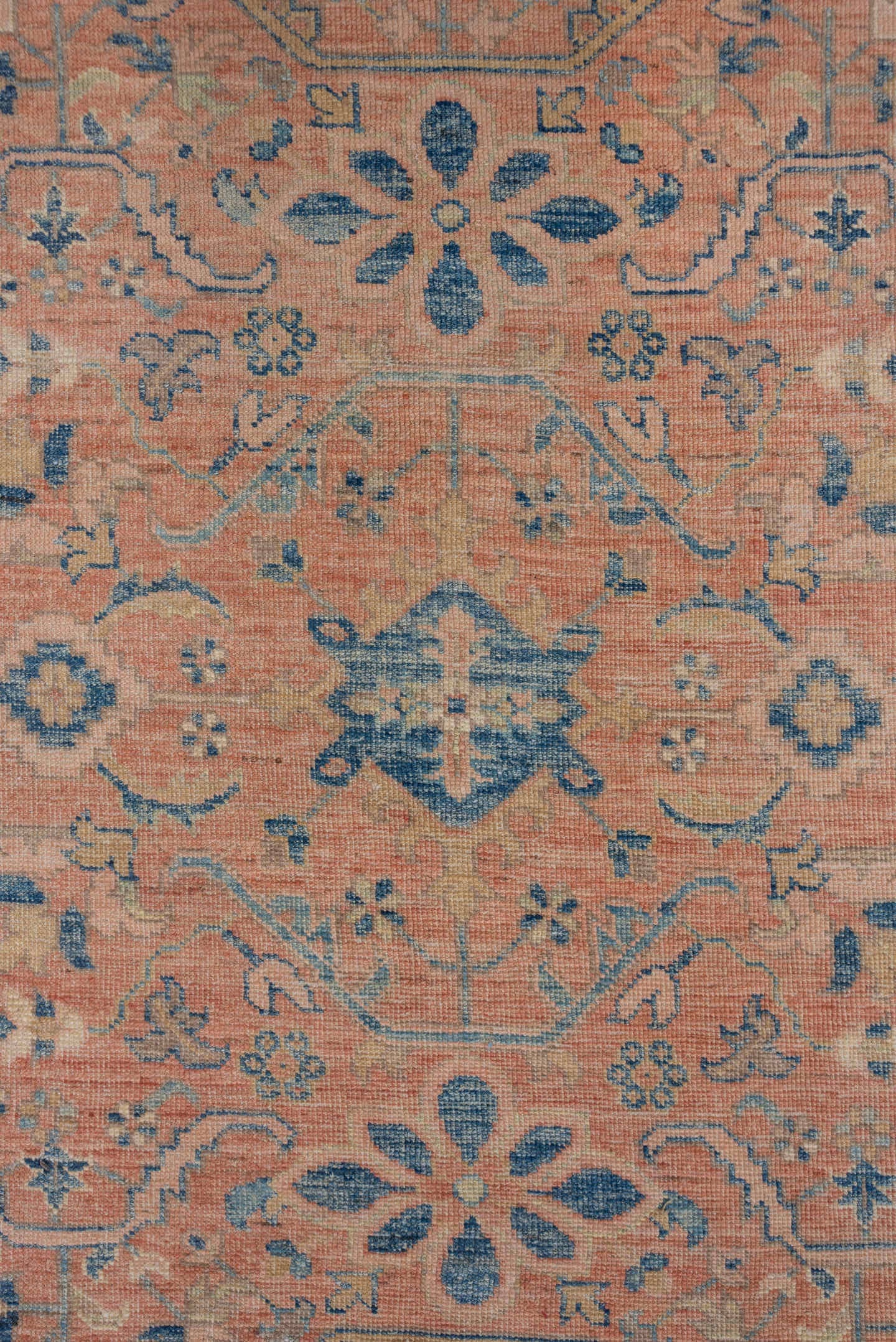 6' x 10' one-of-a-kind handmade vintage Afghan large size rug. Color palette: peach, blue, ivory, taupe, slate, terracotta