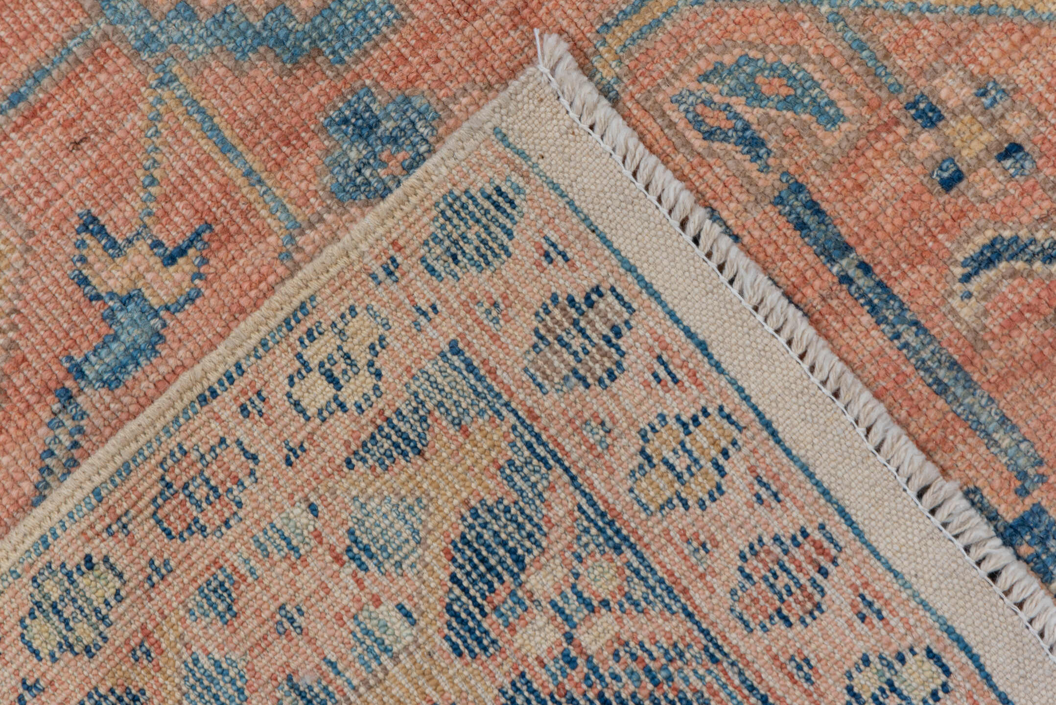 6' x 10' one-of-a-kind handmade vintage Afghan large size rug. Color palette: peach, blue, ivory, taupe, slate, terracotta