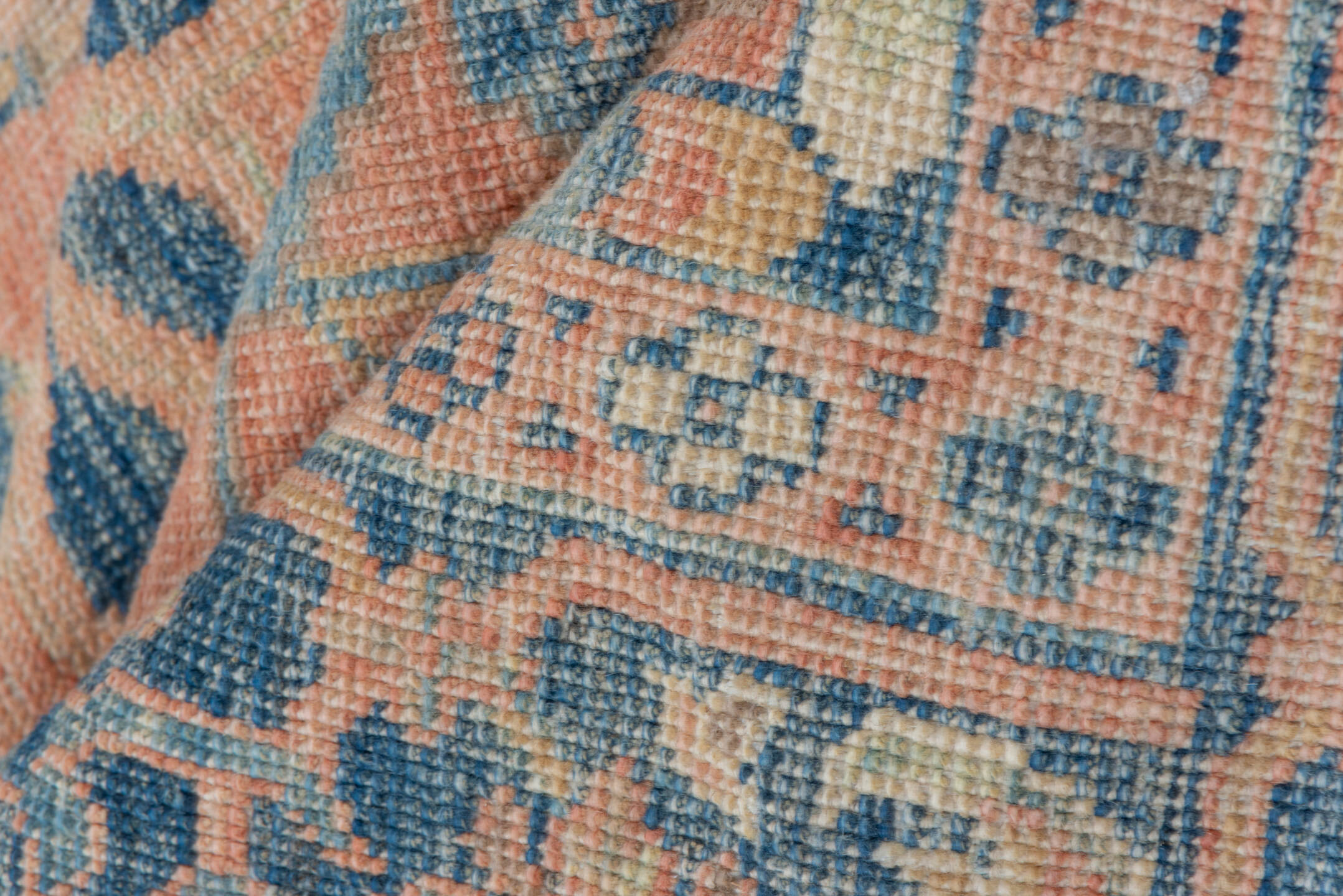 6' x 10' one-of-a-kind handmade vintage Afghan large size rug. Color palette: peach, blue, ivory, taupe, slate, terracotta