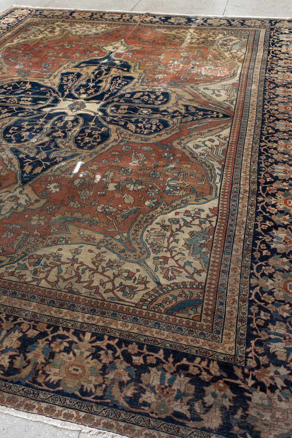 9' x 13' one-of-a-kind handmade vintage Far.Sarouk large size rug. Color palette: terra cotta, navy, ivory, beige, sage
