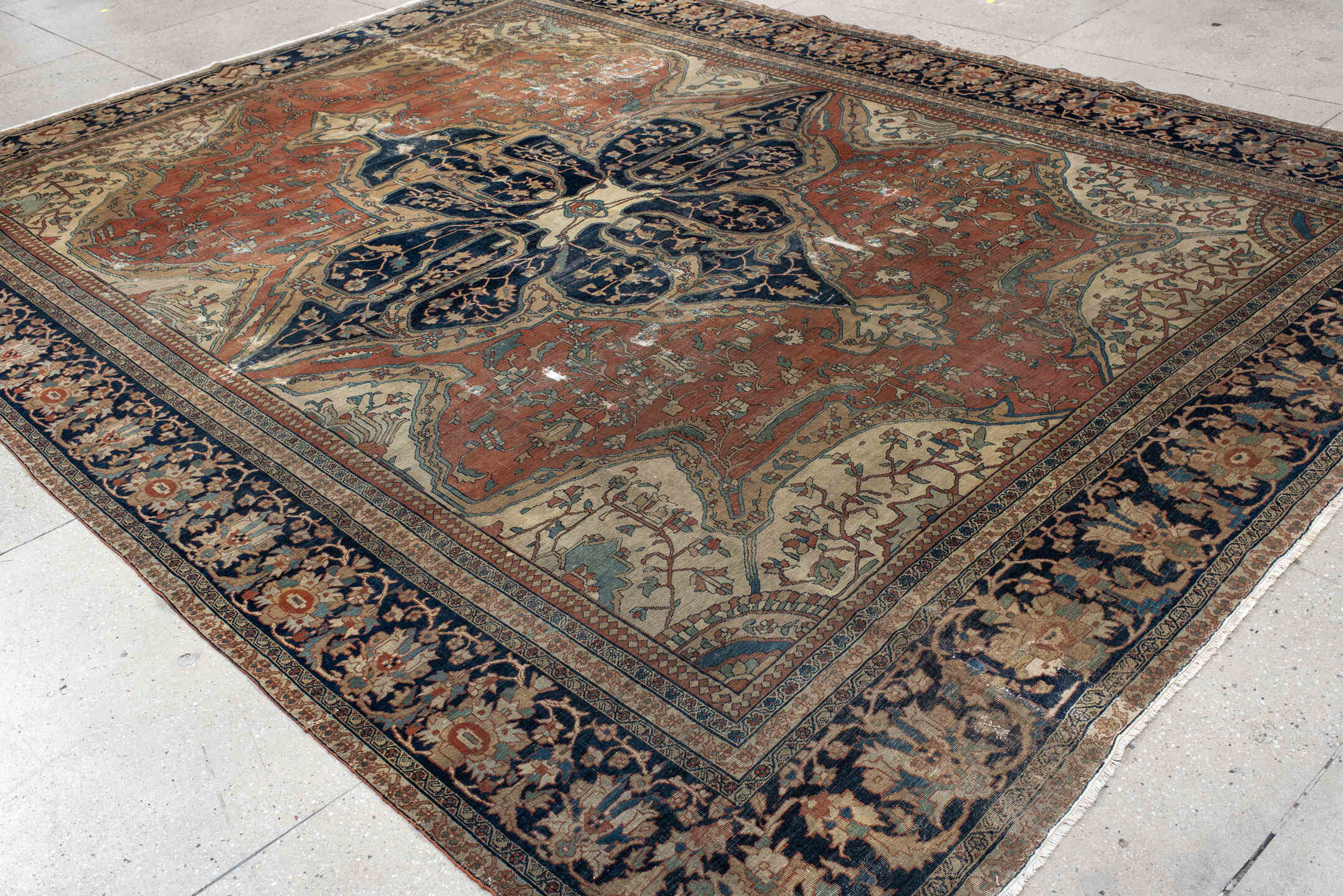 9' x 13' one-of-a-kind handmade vintage Far.Sarouk large size rug. Color palette: terra cotta, navy, ivory, beige, sage