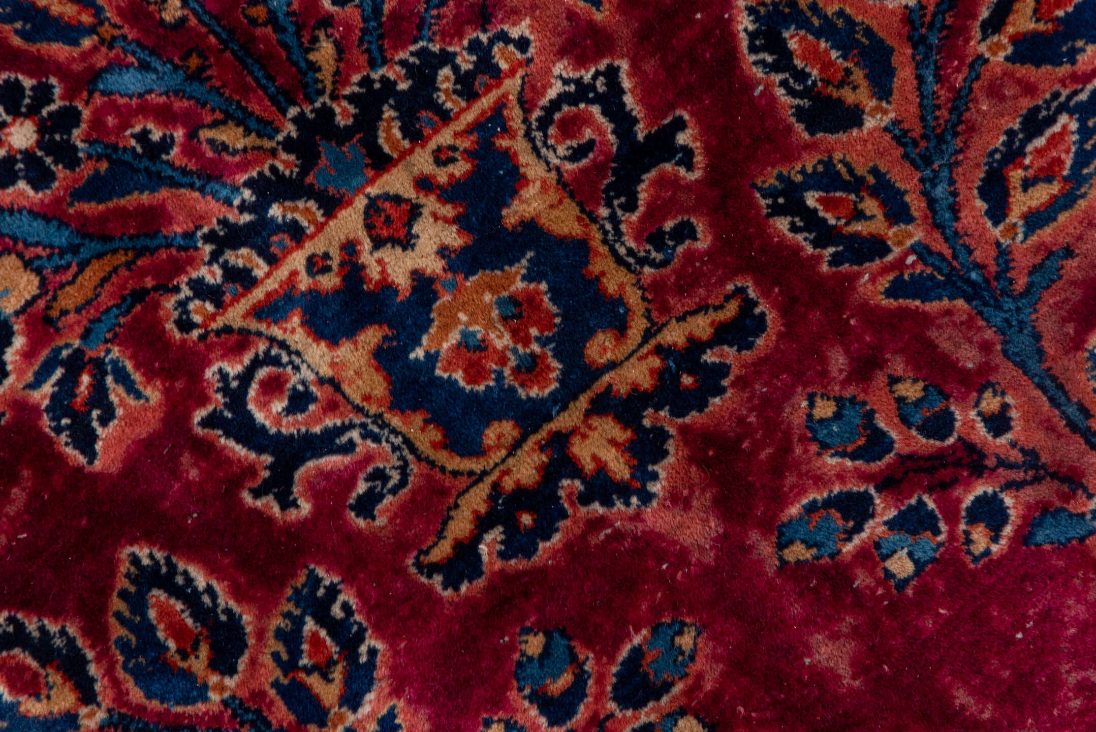7' x 15' one-of-a-kind handmade vintage Kazvin rug. Color palette: red, navy, rose, ivory, burgundy, slate, camel, blue