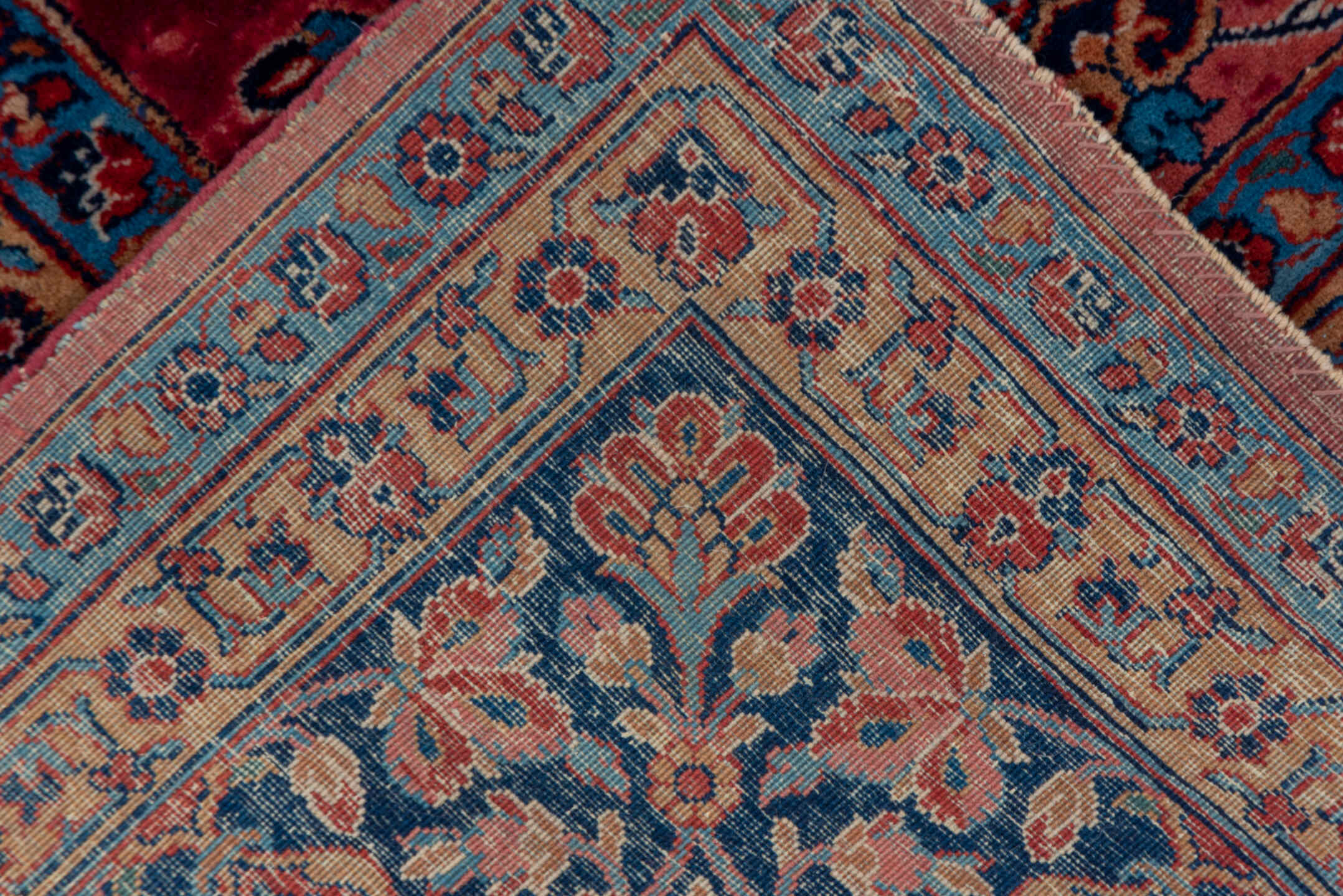 7' x 15' one-of-a-kind handmade vintage Kazvin rug. Color palette: red, navy, rose, ivory, burgundy, slate, camel, blue