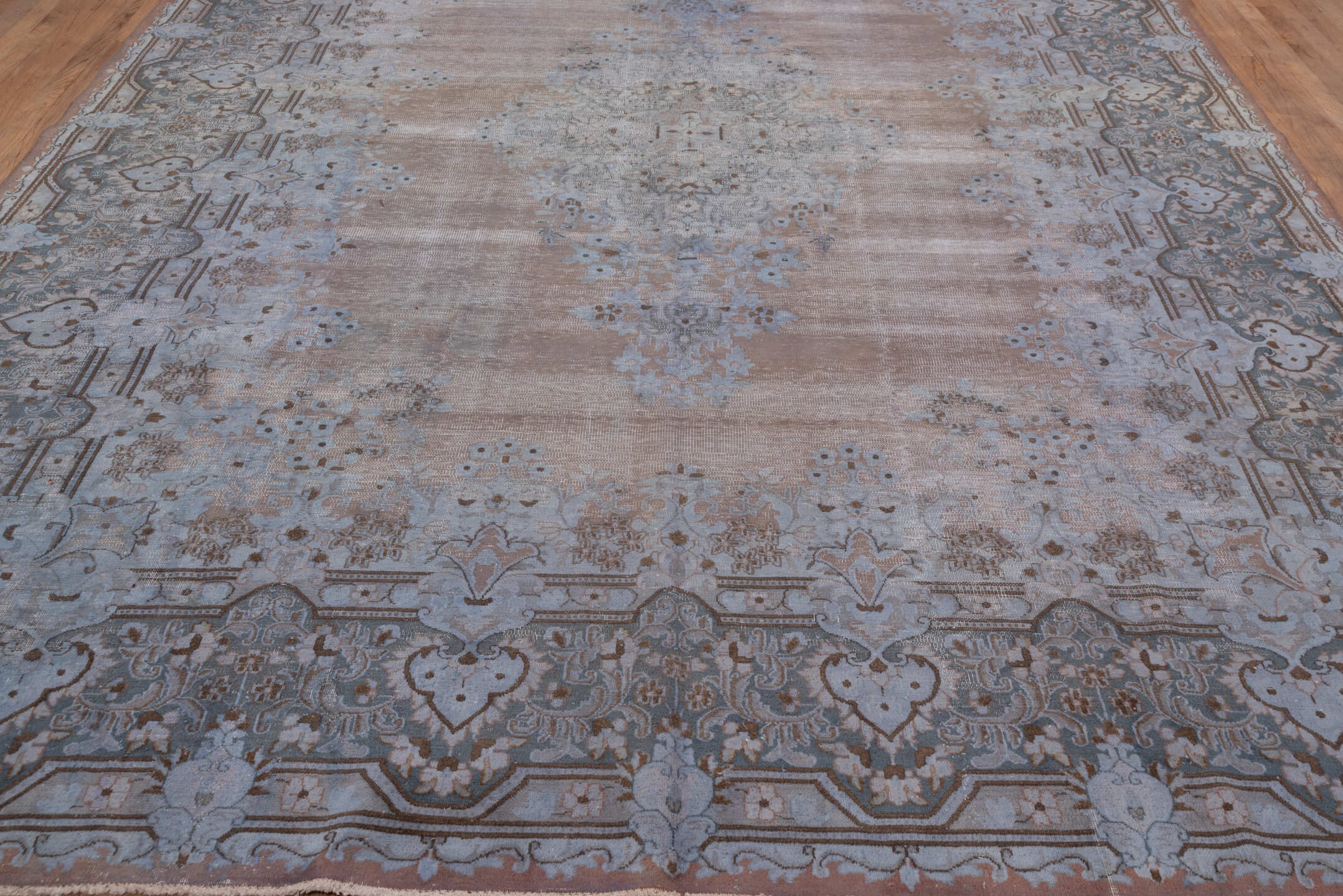 9' x 13' one-of-a-kind handmade vintage Distressed large size rug. Color palette: taupe, powder blue, dusty rose, slate