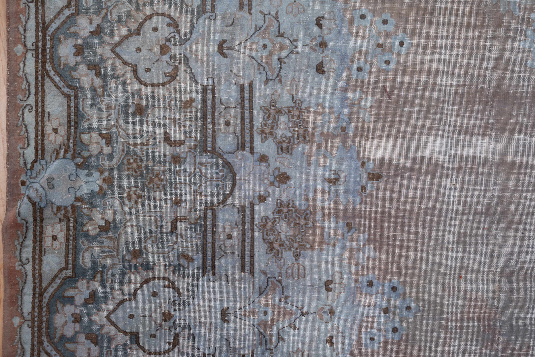 9' x 13' one-of-a-kind handmade vintage Distressed large size rug. Color palette: taupe, powder blue, dusty rose, slate