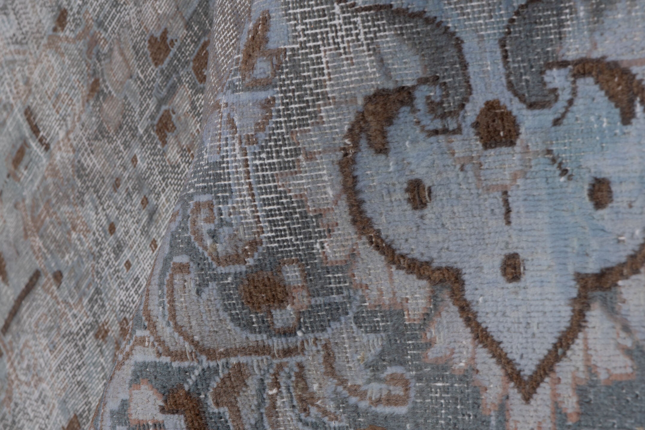 9' x 13' one-of-a-kind handmade vintage Distressed large size rug. Color palette: taupe, powder blue, dusty rose, slate