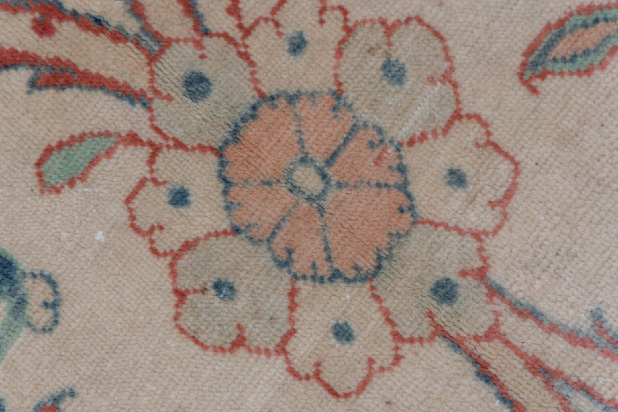 12' x 19' one-of-a-kind handmade vintage oversize rug. Color palette: ivory, peach, sky blue, rust, sage, taupe, terracotta